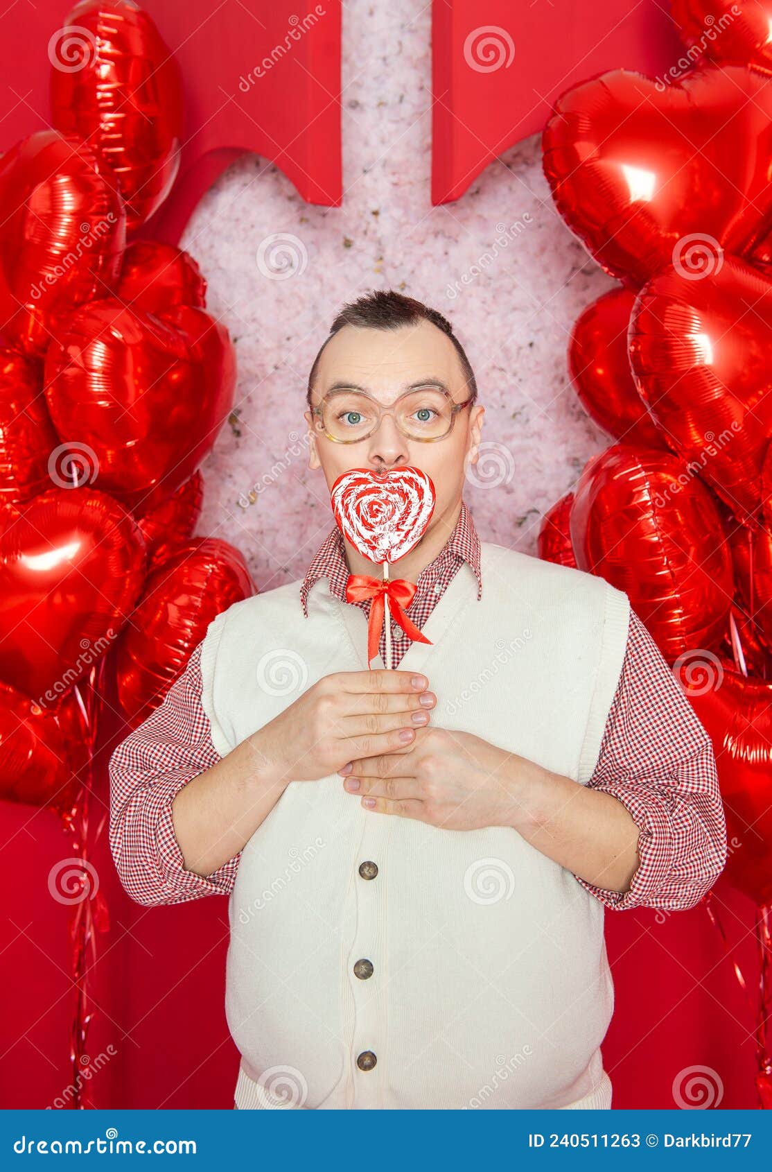 Funny Bearded Retro Style Man Holding Red Heart Shape Lollipop For Valentine Day Stock Image