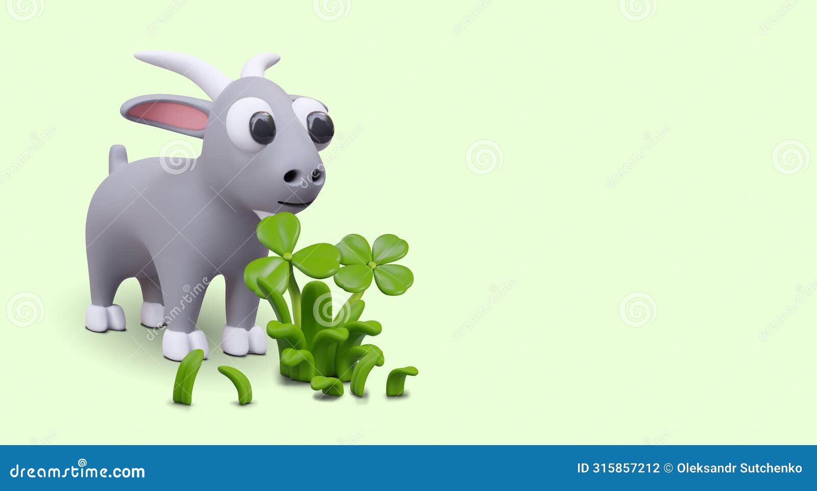 funny billy goat stands near green clover. 3d herbivore in cartoon style