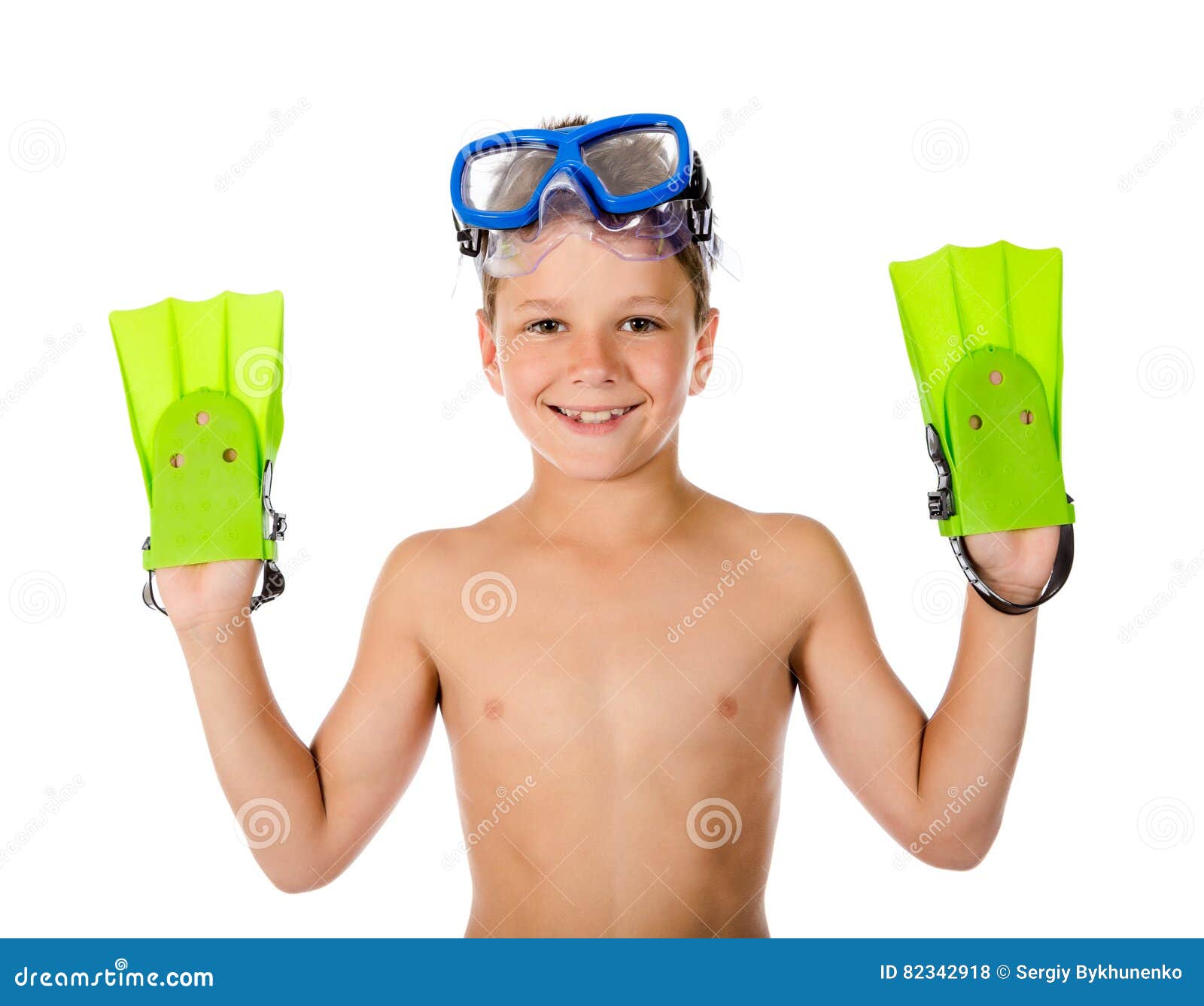 Funny Boy in Diving Mask and Flippers on Hands Stock Photo Image of