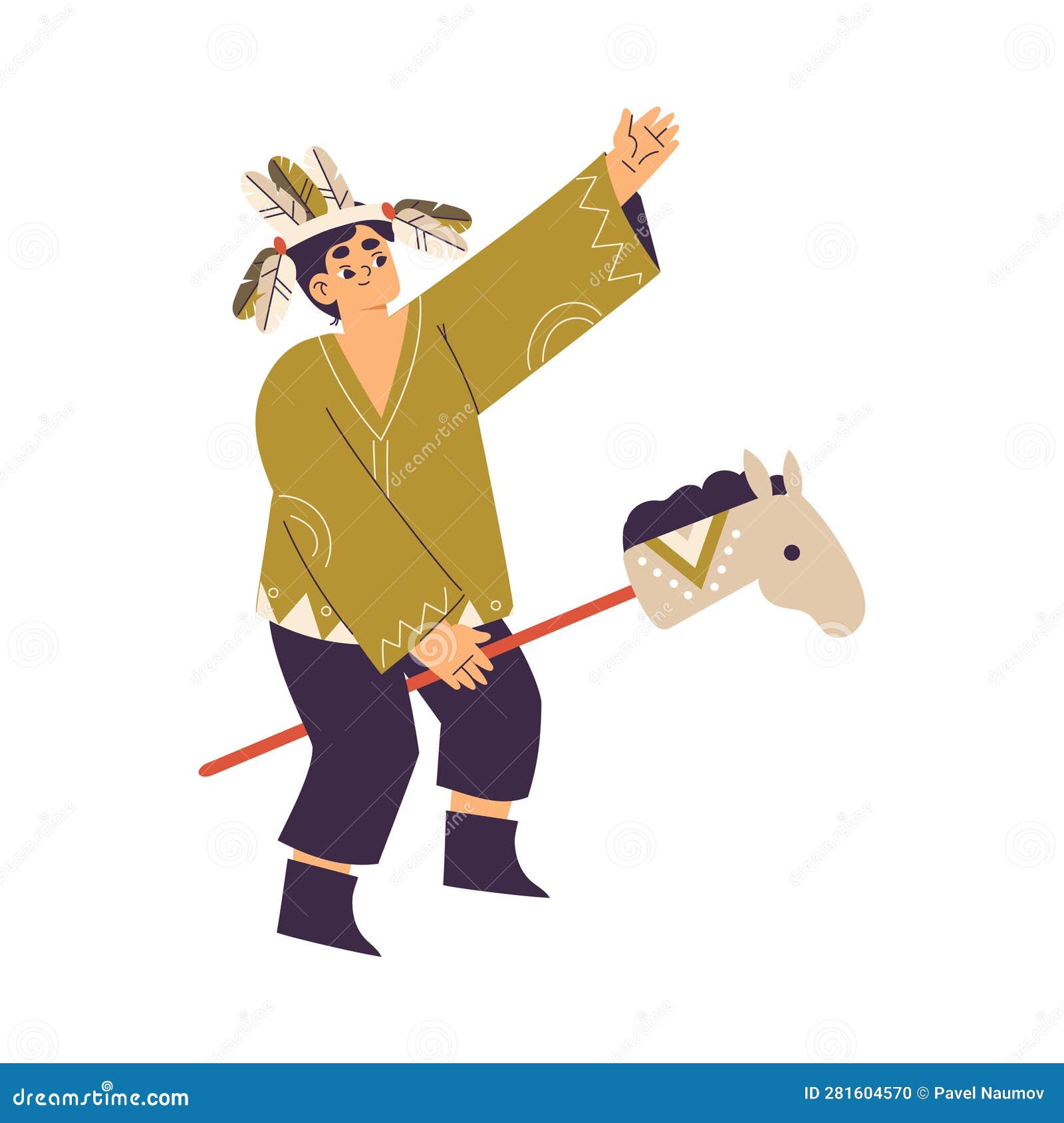 Funny Boy on Horse Stick Playing Indian Dressed in Injun Costume with ...