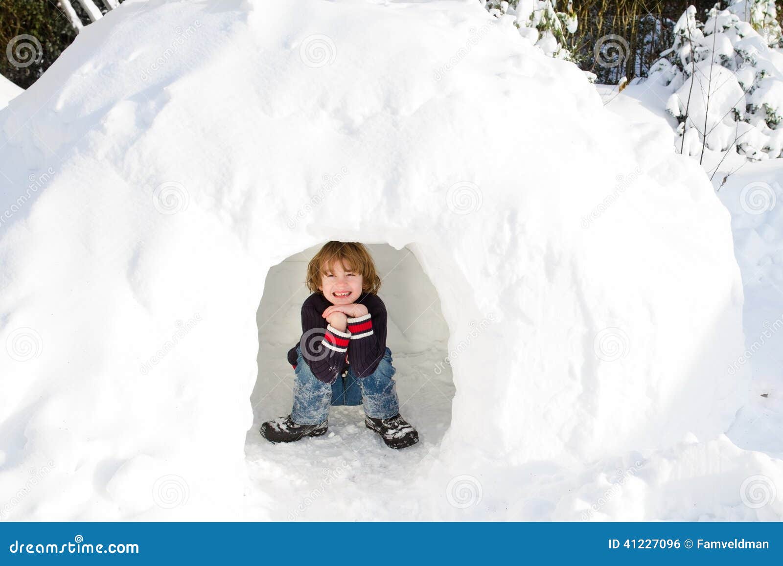 Funny Boy in Snow Igloo on a Sunny Winter Day Stock Photo - Image ...