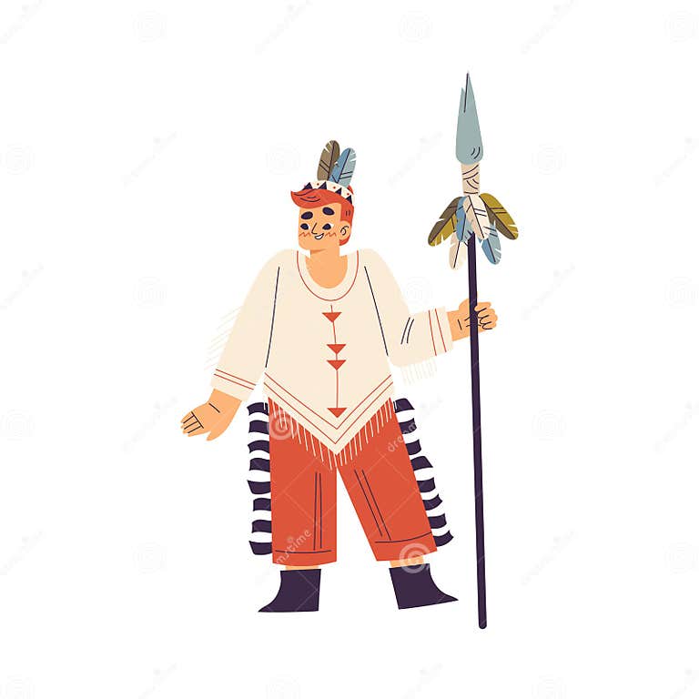 Funny Boy with Spear Playing Indian Dressed in Injun Costume with ...