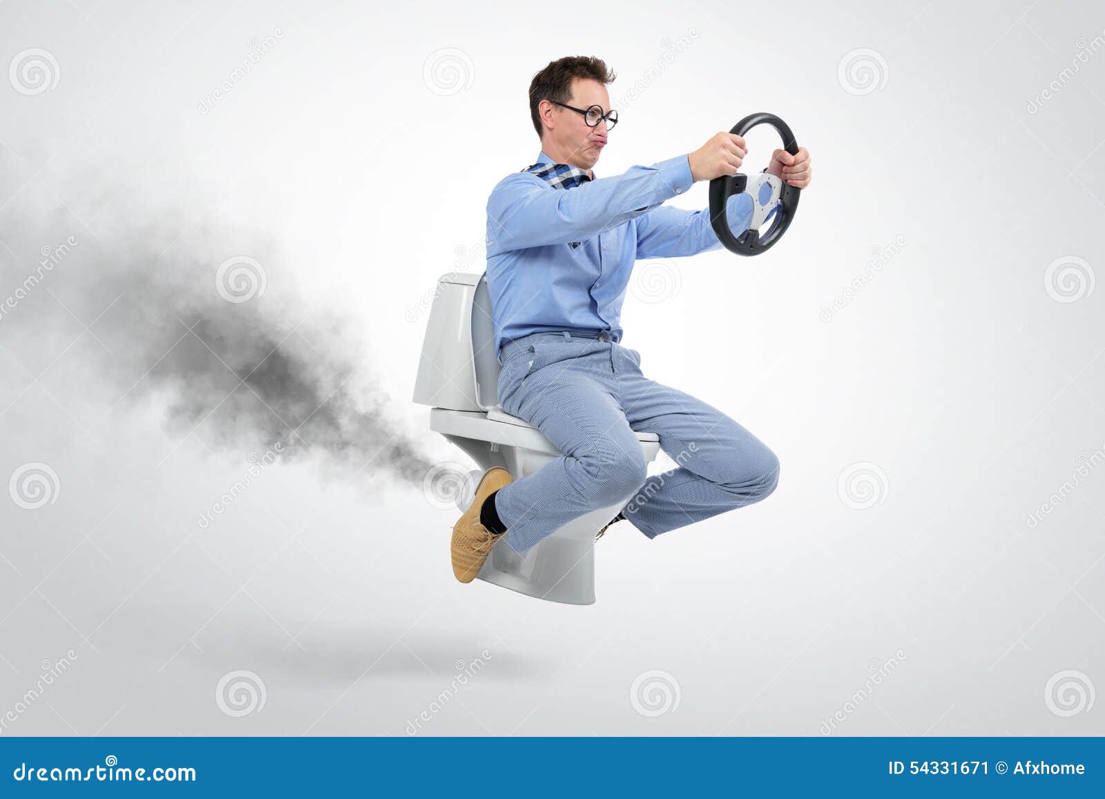 funny businessman flying on the toilet