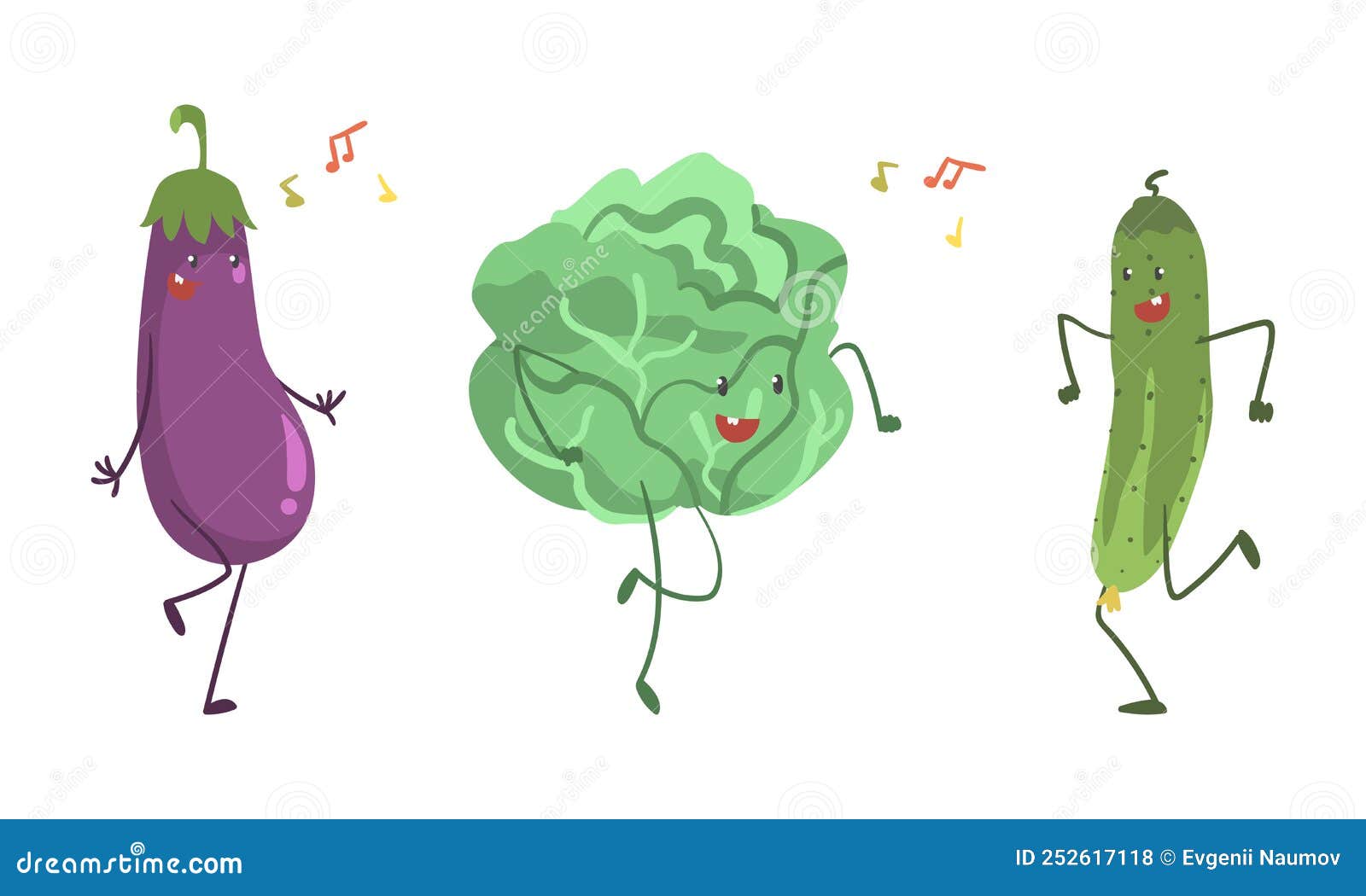 funny cabbage and eggplant character dancing moving hand and legs  set