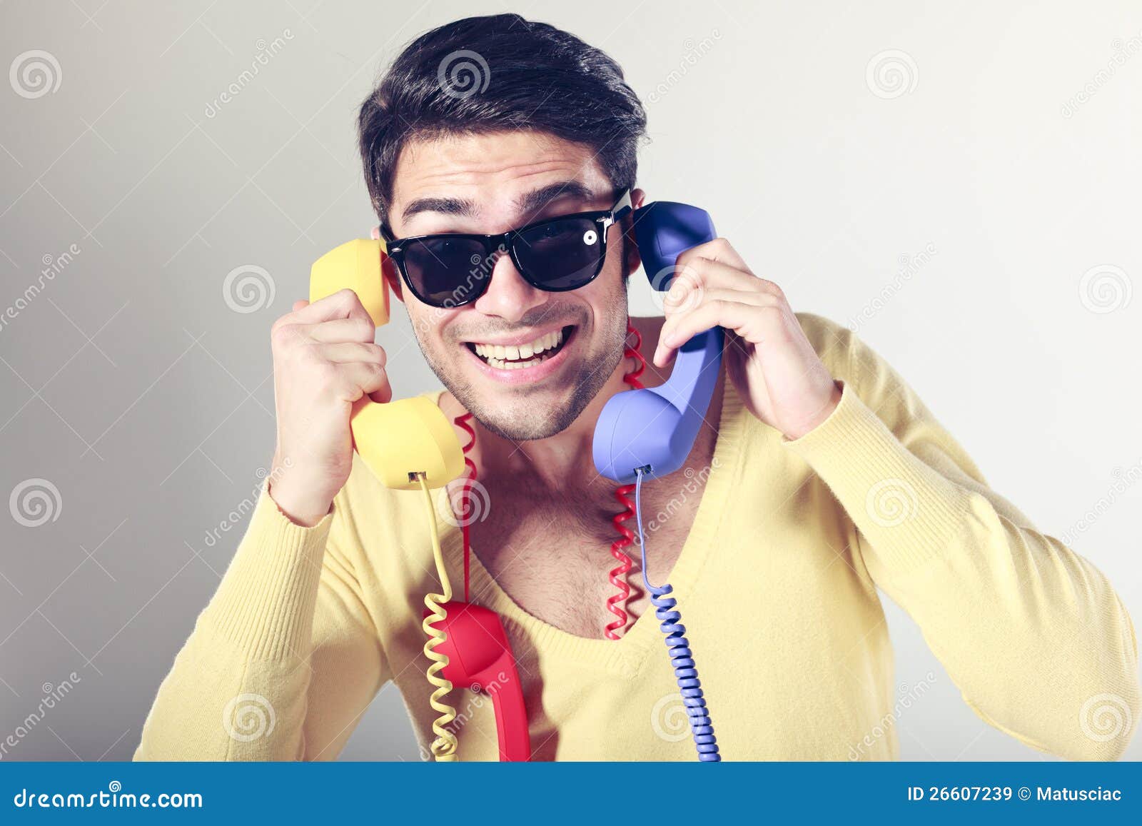 Funny Call Center Men with Colorful Phones Stock Image - Image of male