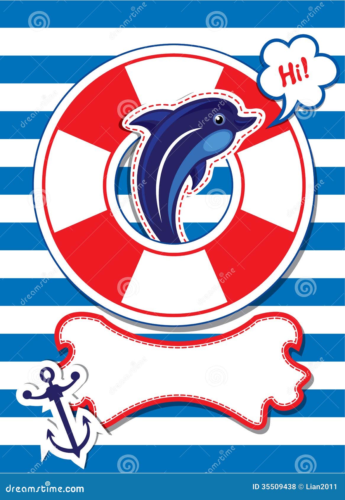 funny card with dolphin, anchor, lifebuoy and empt