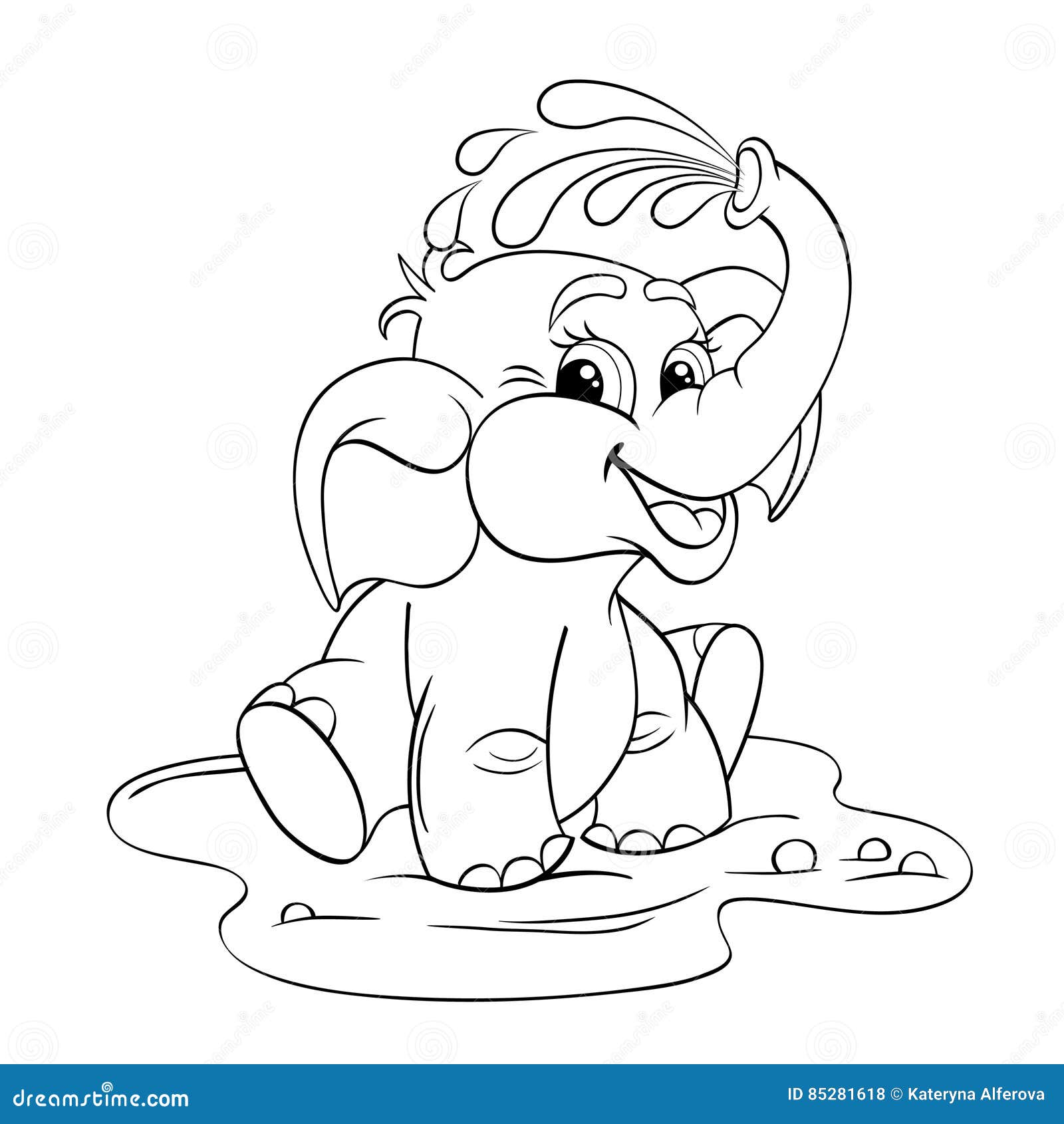 funny cartoon baby elephant which pours himself with water
