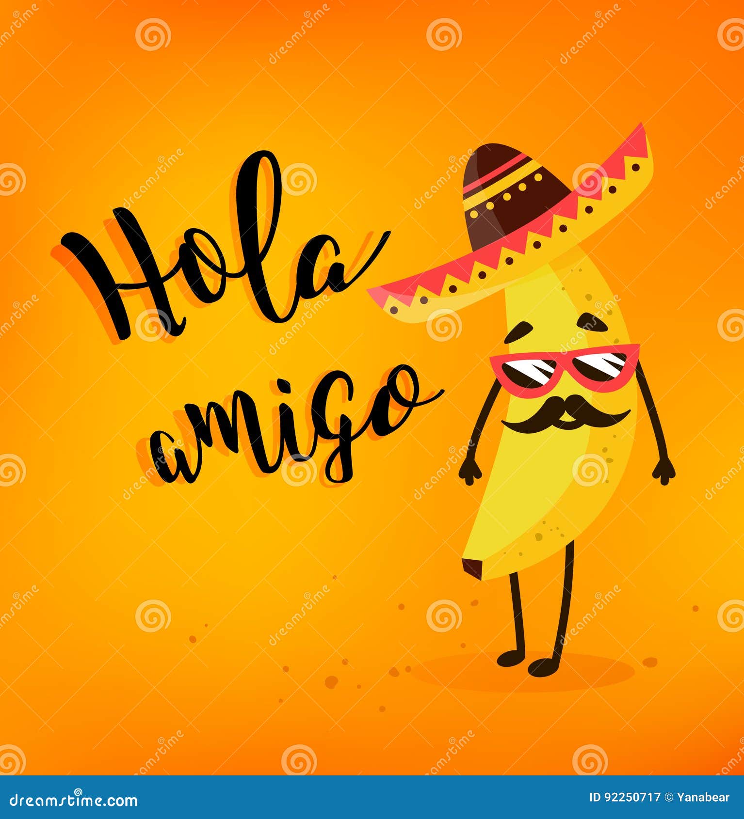 funny cartoon banana in a mexican hat and mustache. hola amigo. summer card. flat style.  