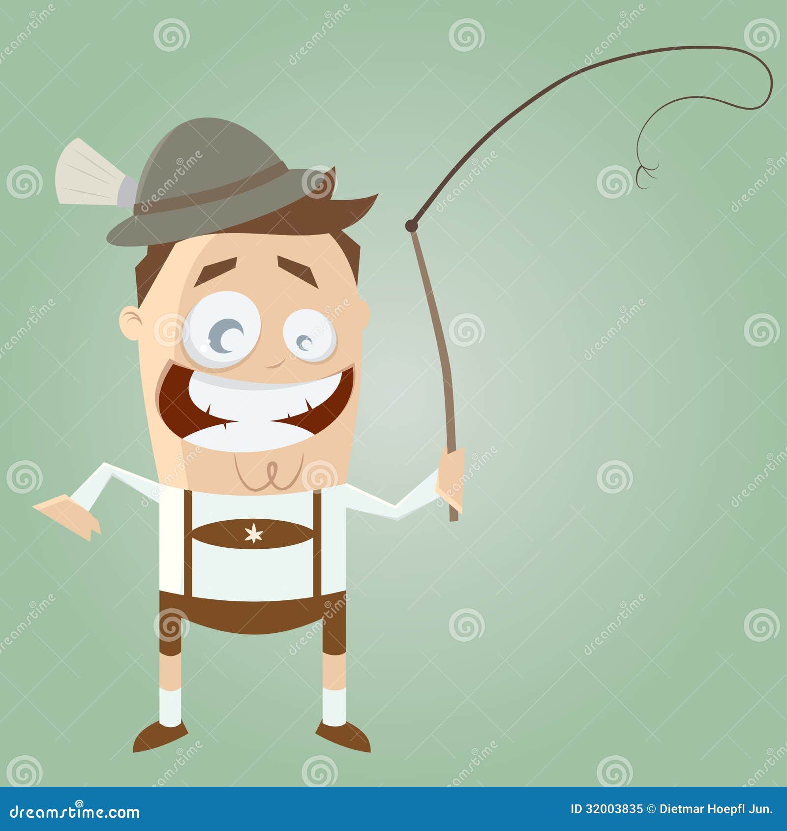 funny cartoon bavarian in lederhosen with traditional whip