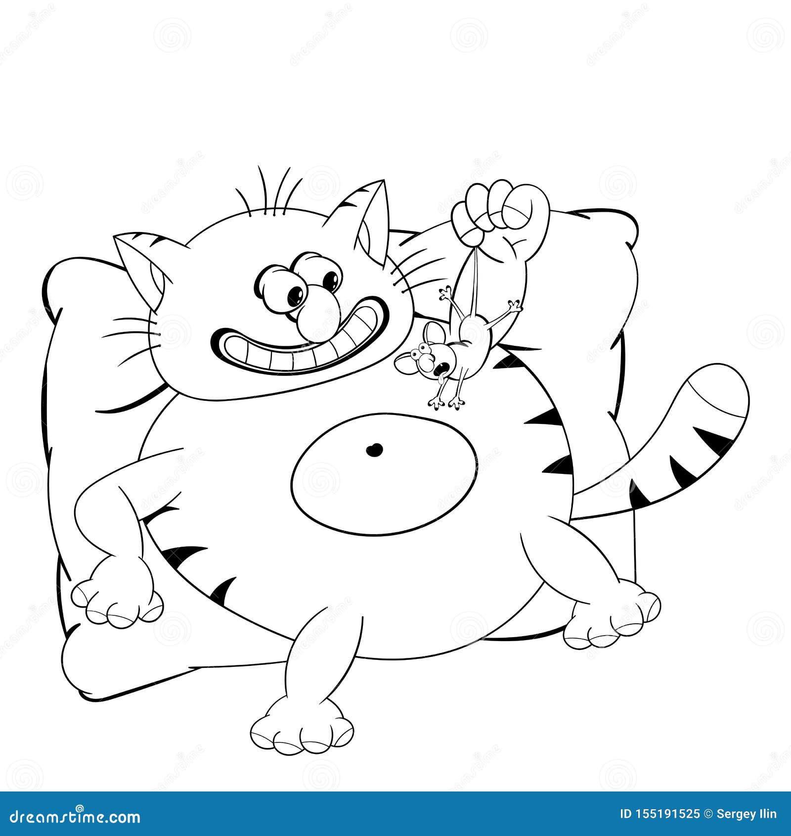 Download Funny Cartoon Cat Is Lying On The Pillow, Smiling And Holding A Mouse In Its Paw. Funny Coloring ...