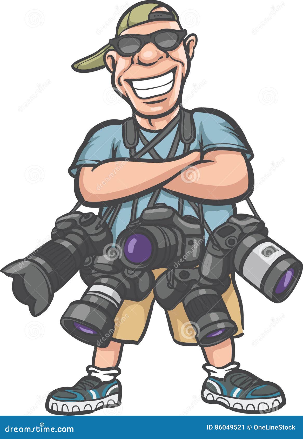 Funny Cartoon Character Happy Photographer With Lots Of Camera Stock