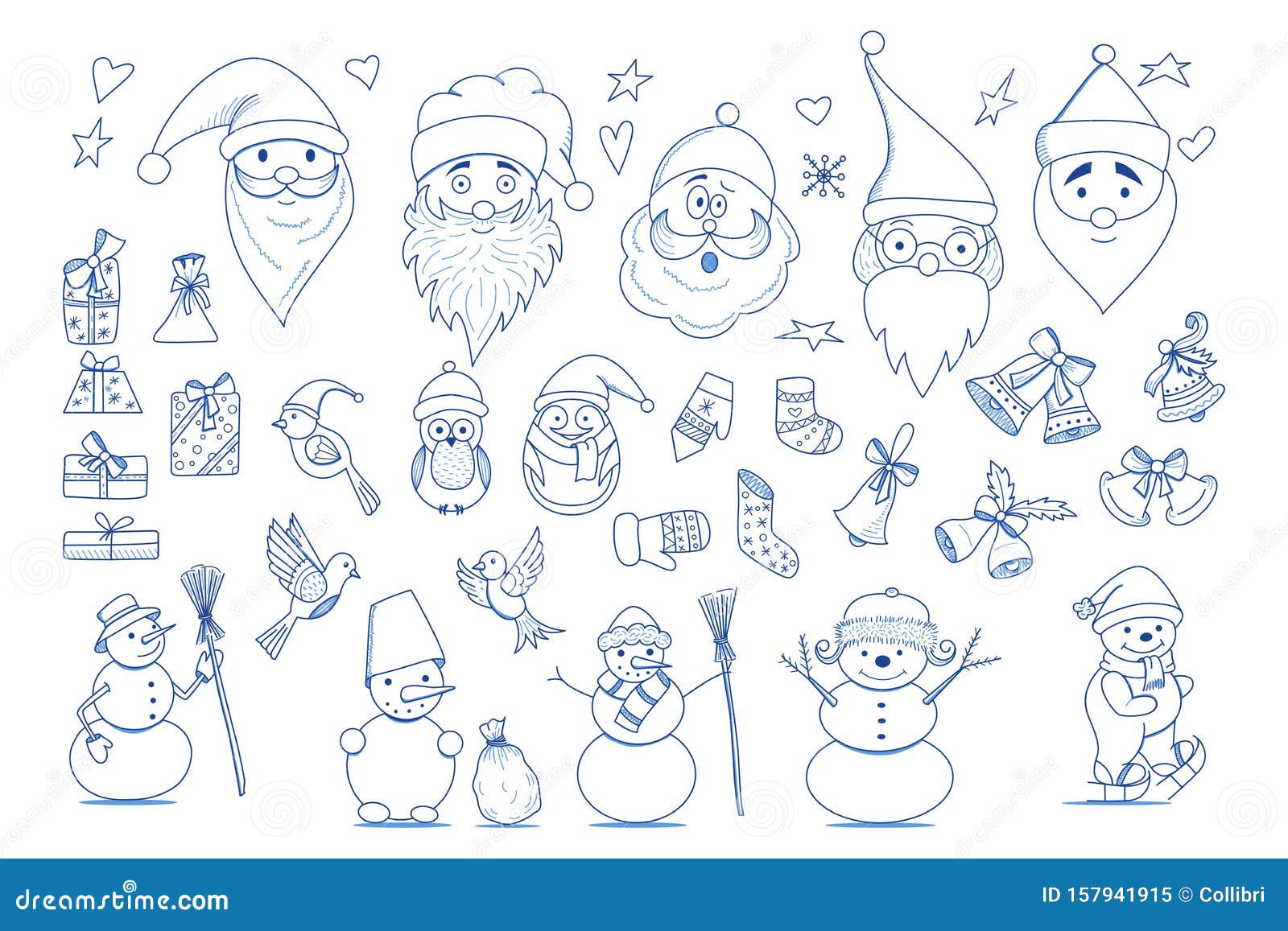 Funny Cartoon Christmas Collection Element in Doodle Sketch Style in ...