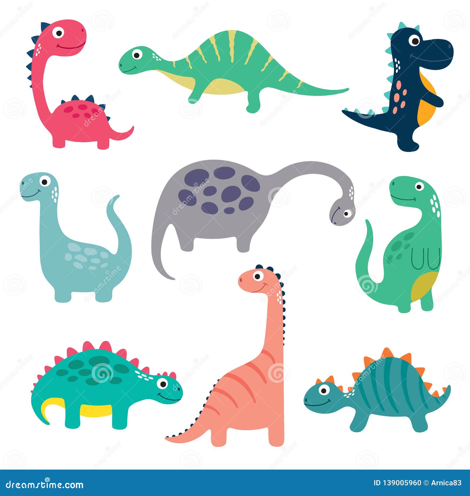 Funny Cartoon Dinosaurs Collection Stock Vector - Illustration of cute ...