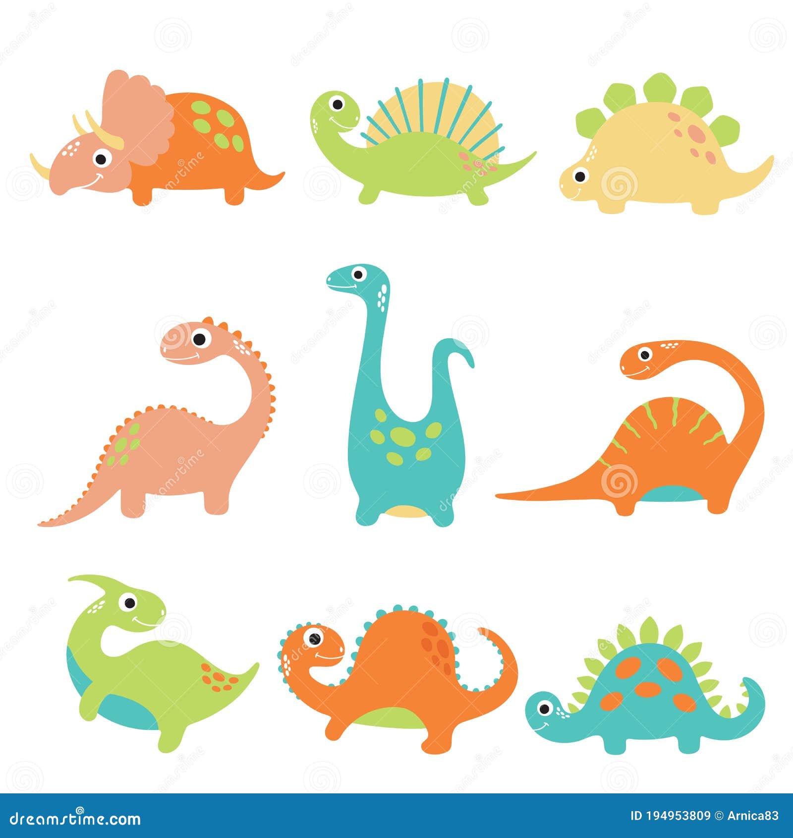 Funny Cartoon Dinosaurs Collection Stock Vector - Illustration of icon ...