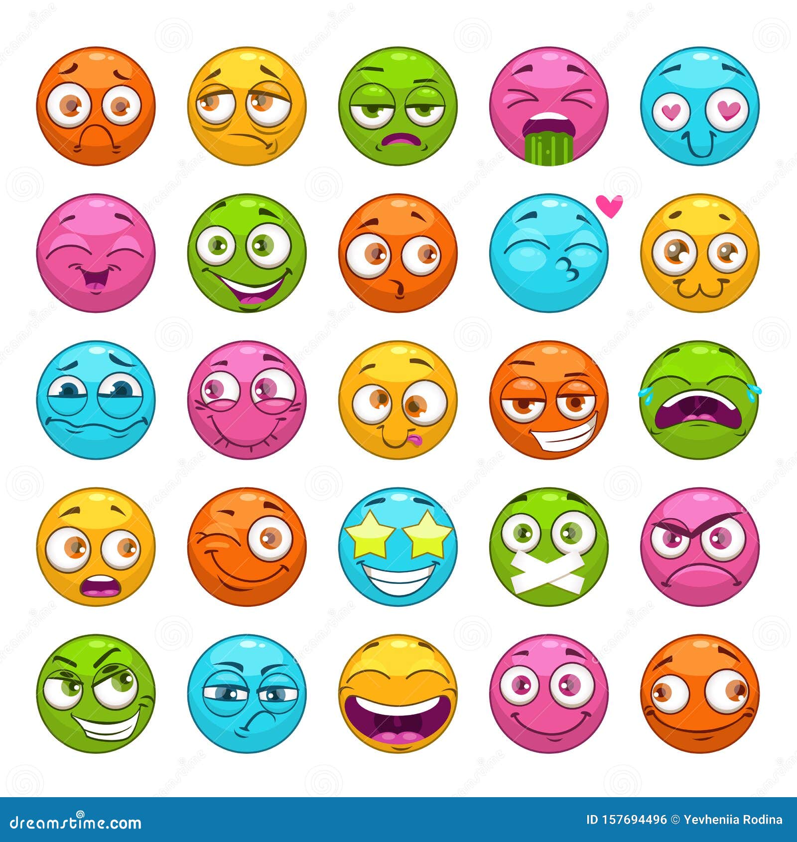 Funny Cartoon Emoji Characters Set. Round Comic Faces with Different ...
