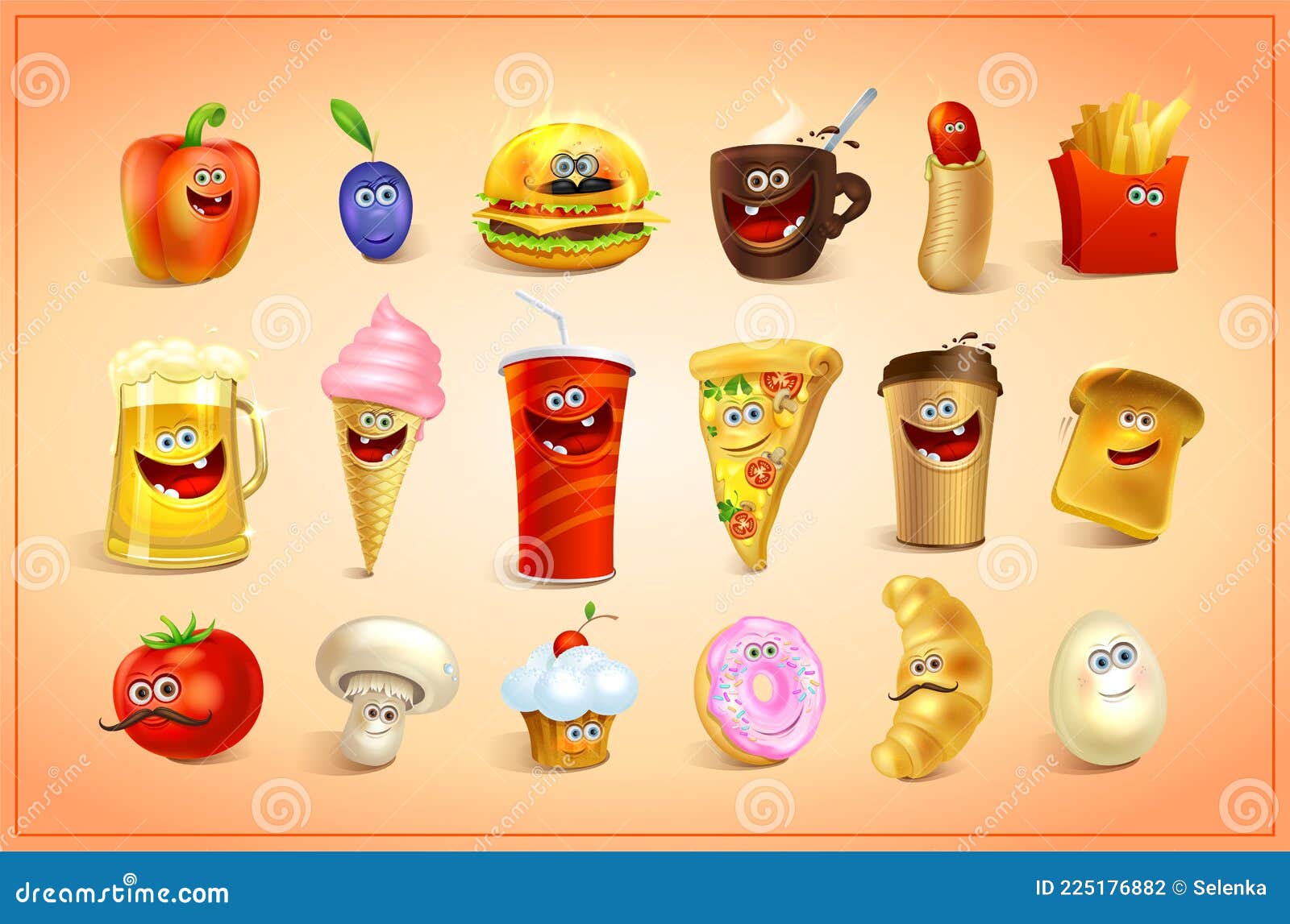 18 Funny Cartoon Food Icons Set - Sweets, Drinks and Fast Food Characters  Stock Vector - Illustration of face, cake: 225176882