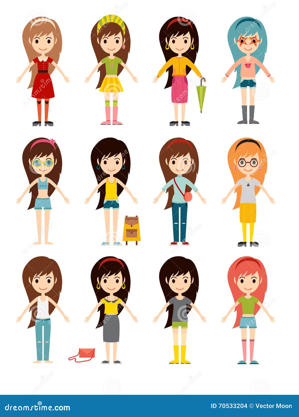 Funny Cartoon Girls Cute Female Young Woman Happy Character Set Vector  Illustration Stock Vector - Illustration of school, lifestyle: 70533204