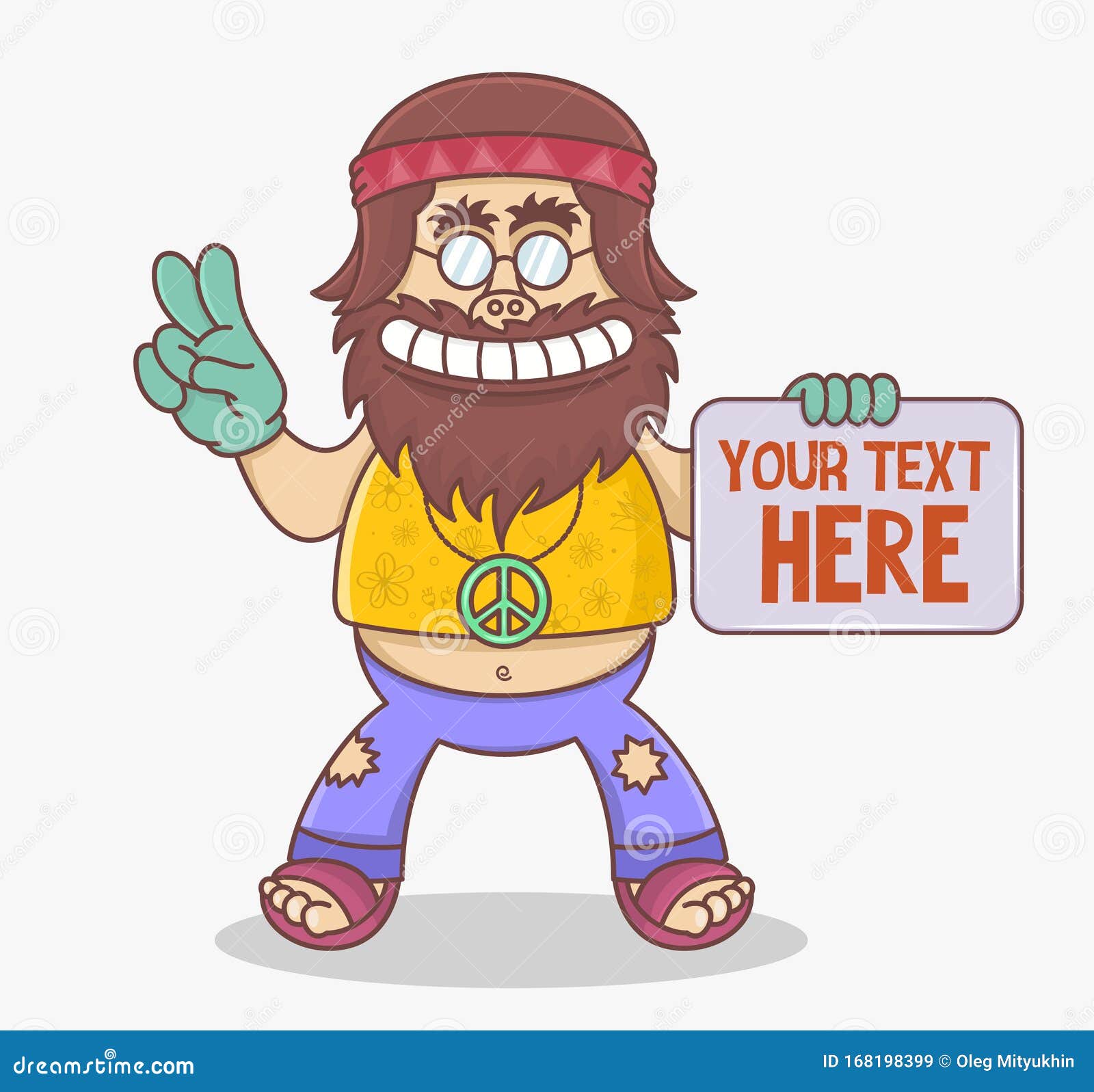 Funny Cartoon Hippie Character Holds a Sign. Man Hippie with Long Brown  Hair and Mustache in Flared Pants and Yellow Shirt Stock Vector -  Illustration of colorful, cute: 168198399