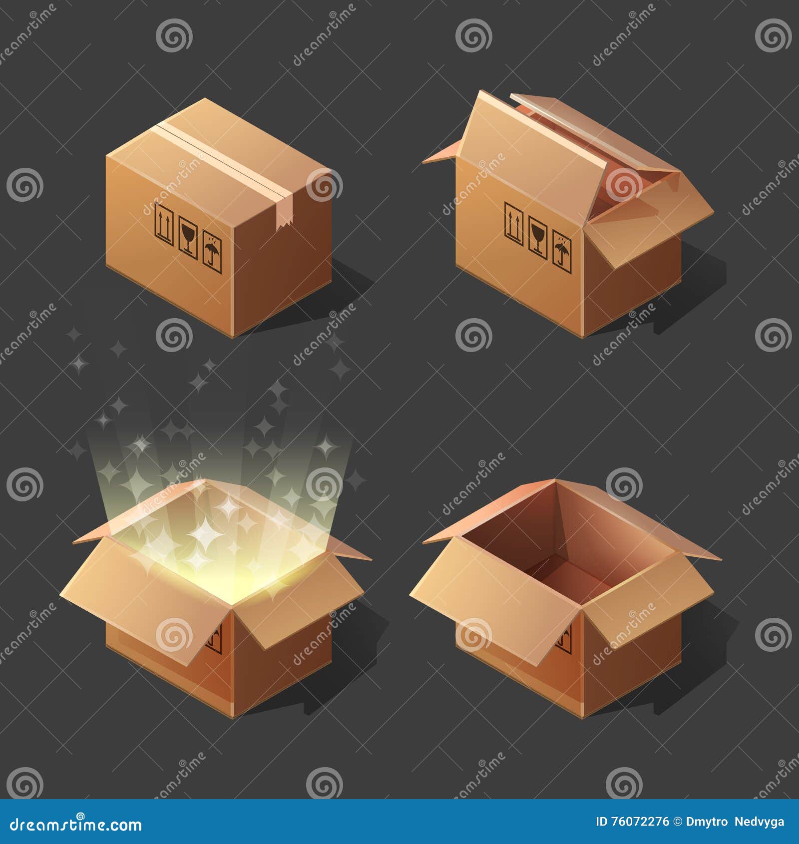 Funny Cartoon Isometric Cardboard Boxes Opened and Closed Set. Stock