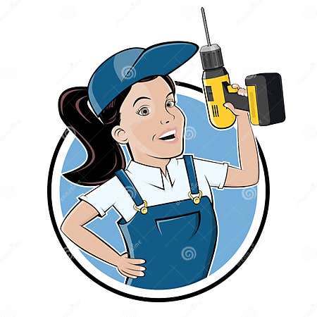 Funny Cartoon Logo Einer Handwerkerin Mit Bohrmaschine Vektor Abbildung