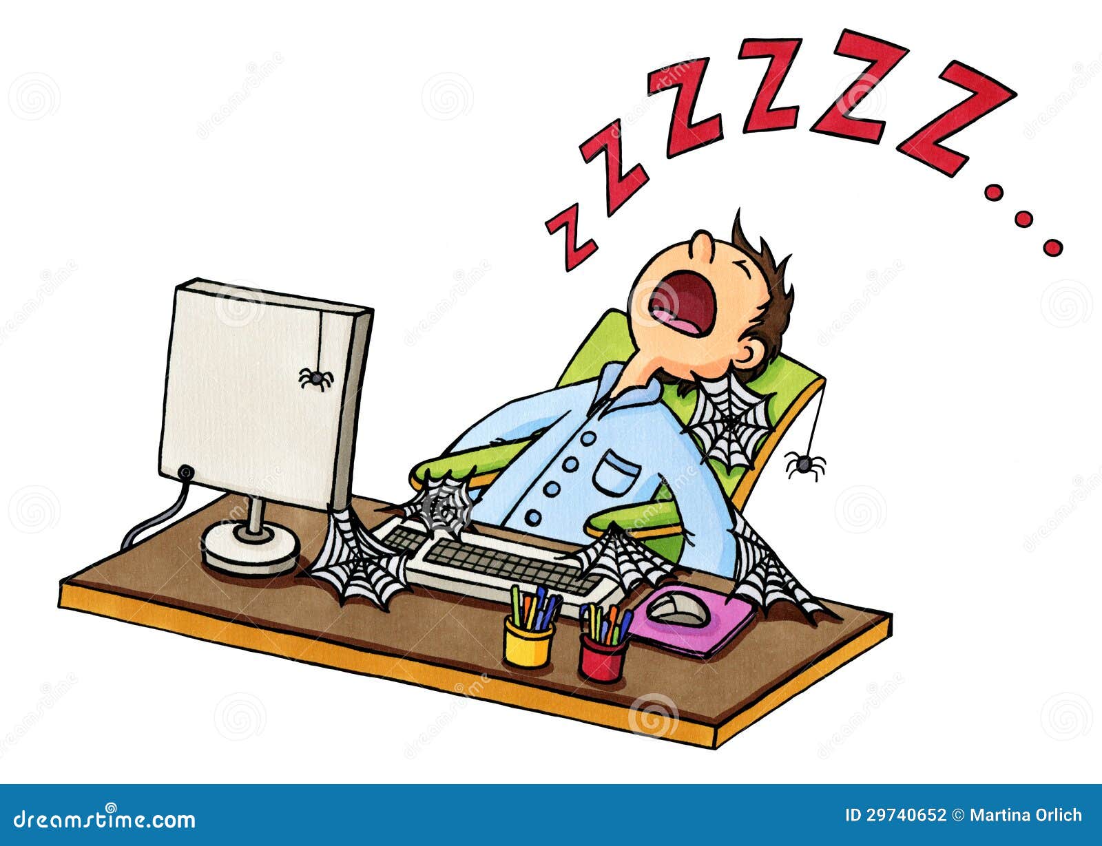 cartoon of a man fallen asleep in front of the computer