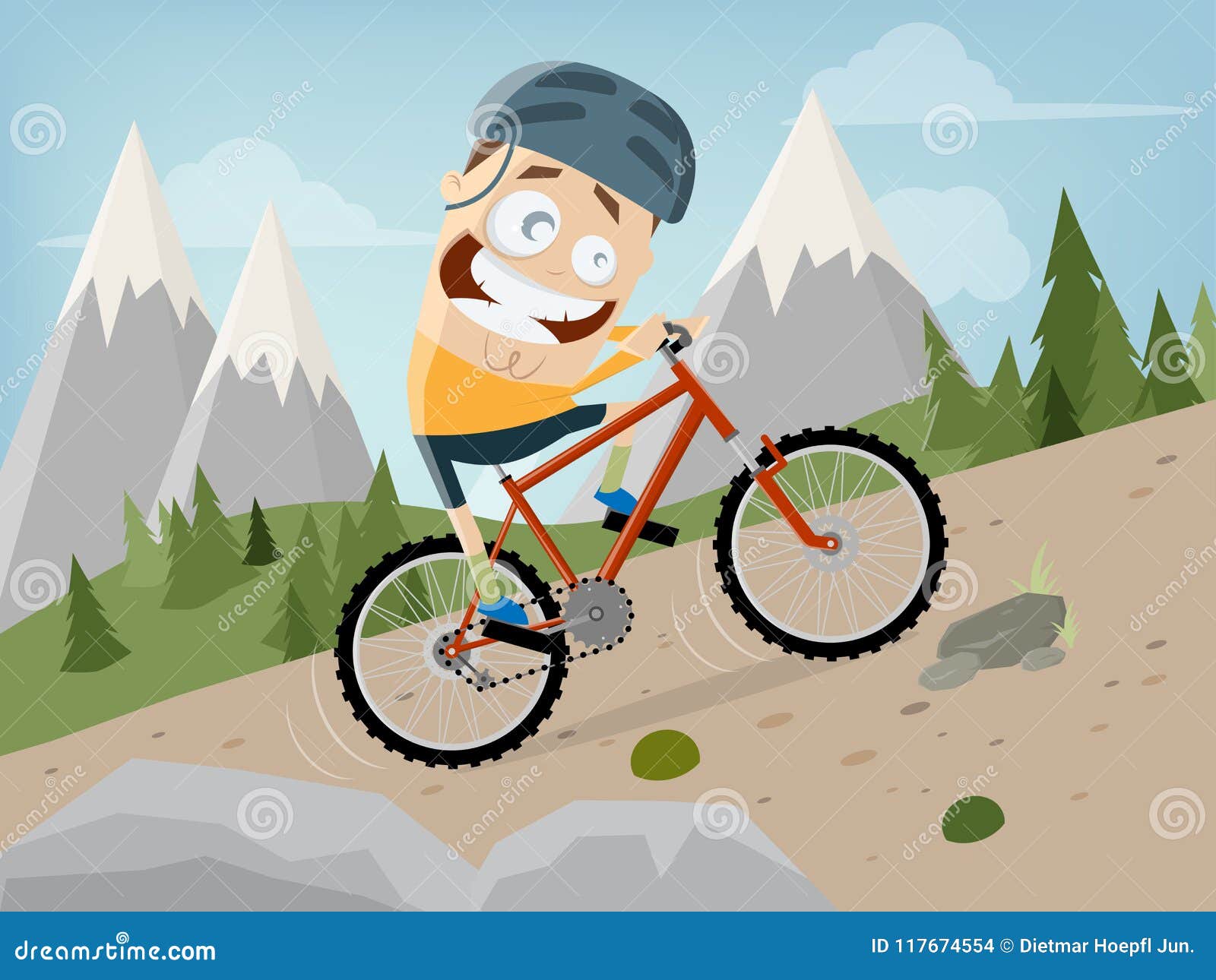 Funny Cartoon Man is Riding a Mountain Bike with Landscape Background Stock  Vector - Illustration of activity, cycling: 117674554