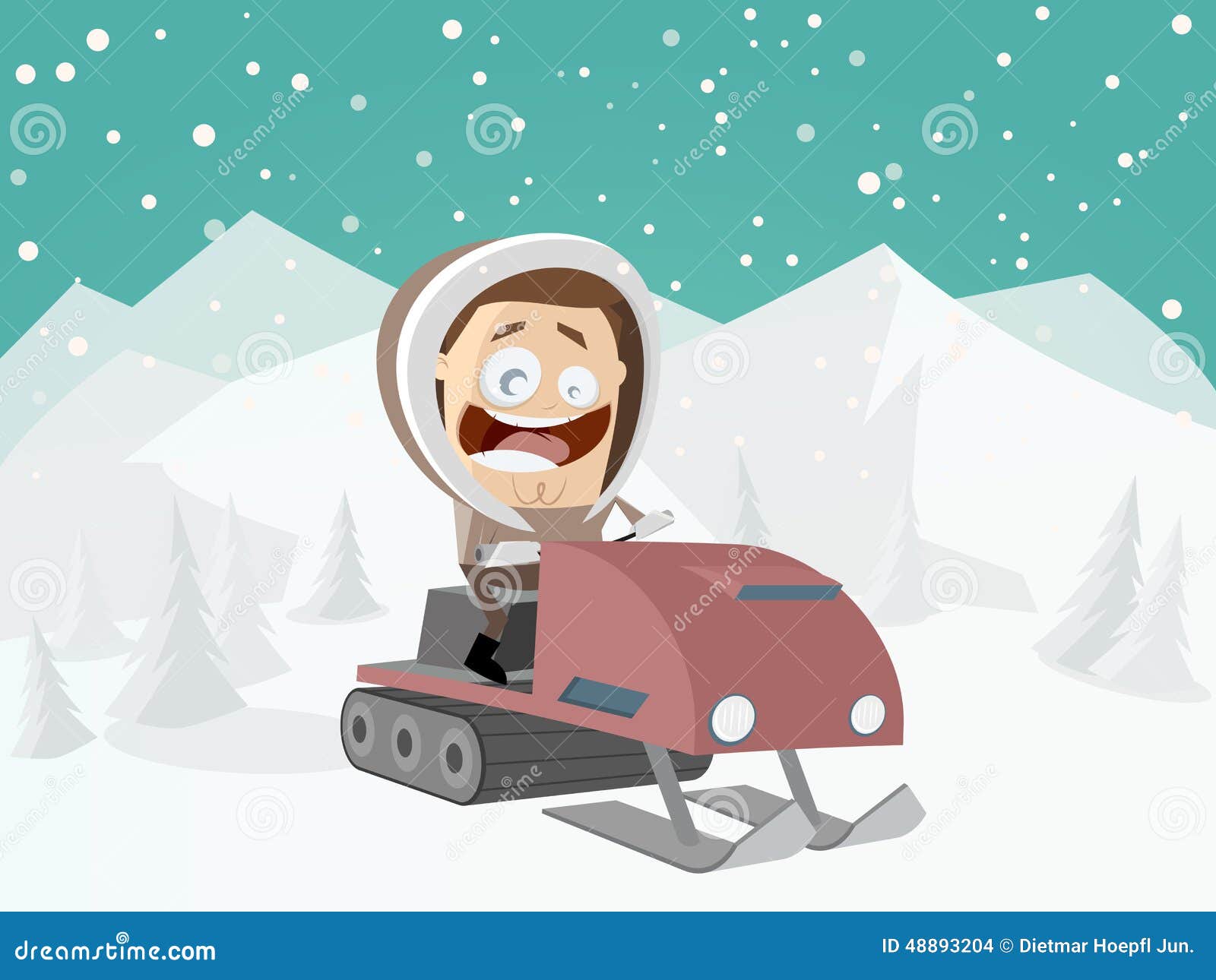 Funny Cartoon Man With Snowmobile And Winter Background Illustration  48893204 - Megapixl