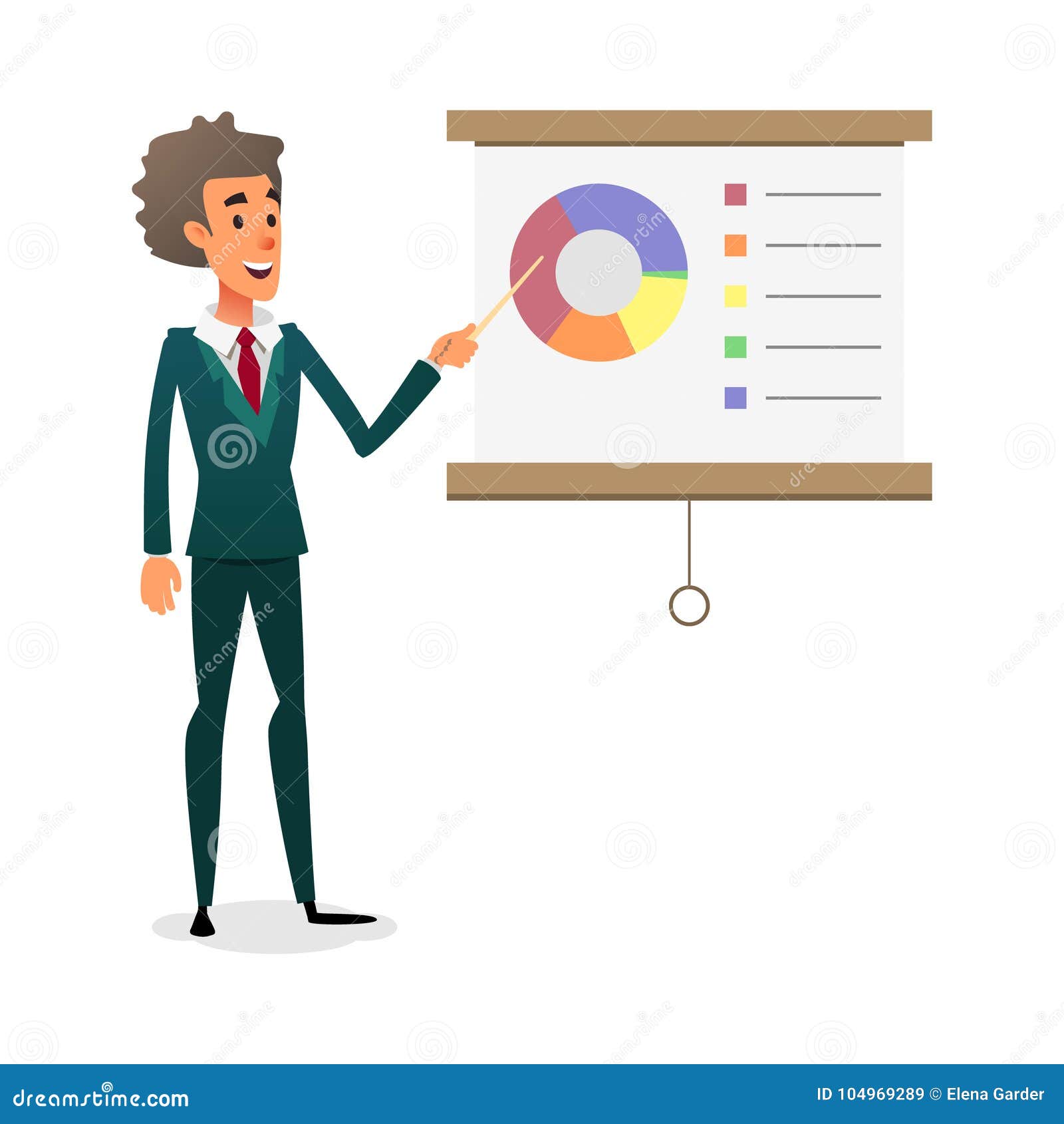 funny cartoon manager presenting whiteboard about financial growth. young businessman making presentation and showing