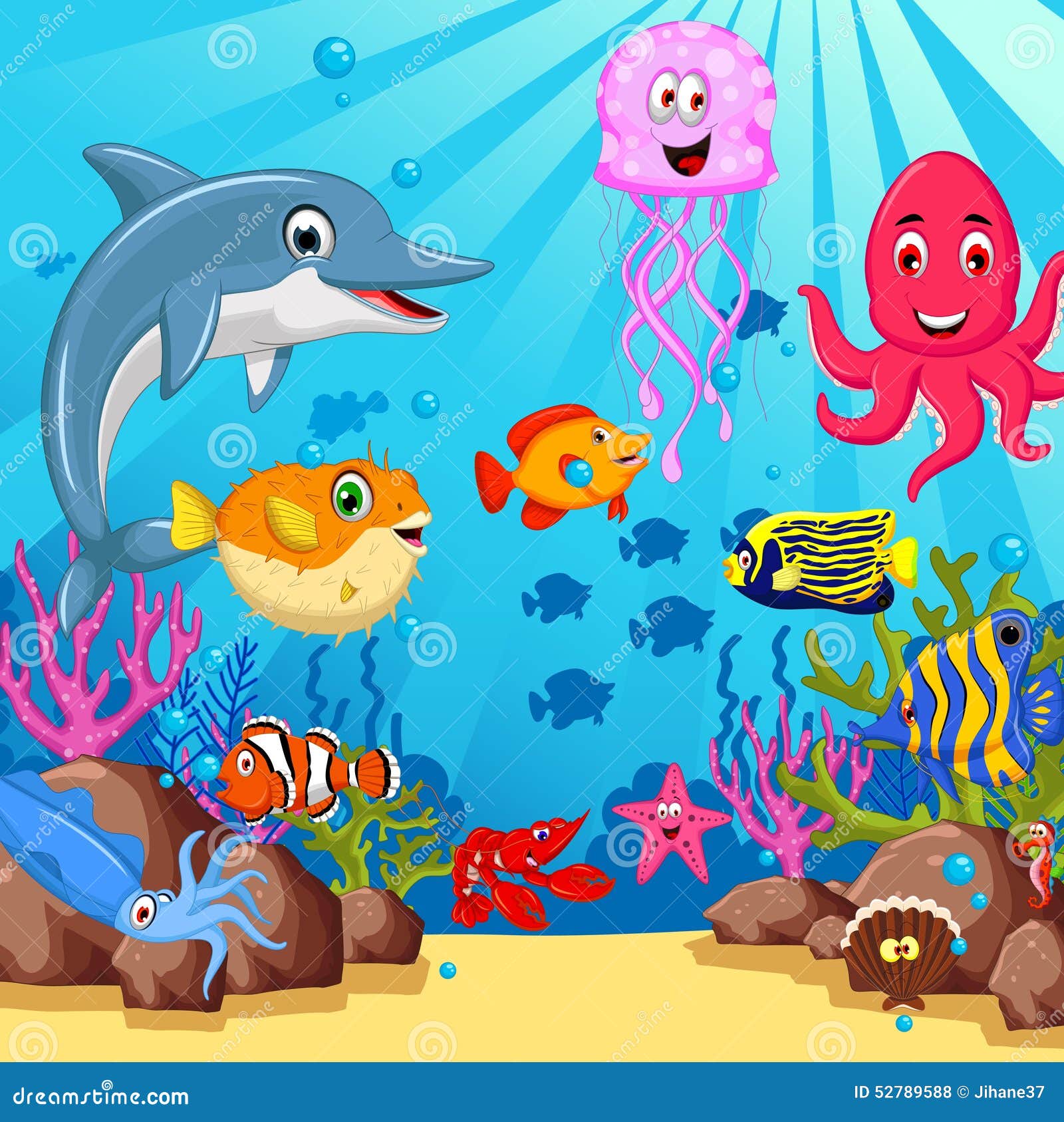 Funny Cartoon Sea Life For You Design Stock Illustration - Image: 52789588