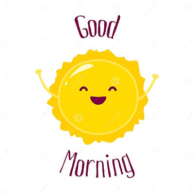 Funny Cartoon Sun Raises Hands Up and Smiles. Good Morning Card. Flat ...