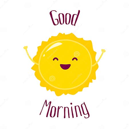 Funny Cartoon Sun Raises Hands Up and Smiles. Good Morning Card. Flat ...