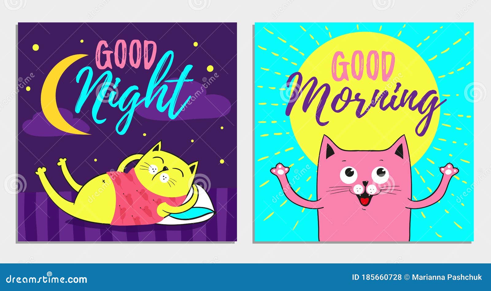 Funny Cartoon Vector Cat Illustrations, Good Night, Morning Stock ...