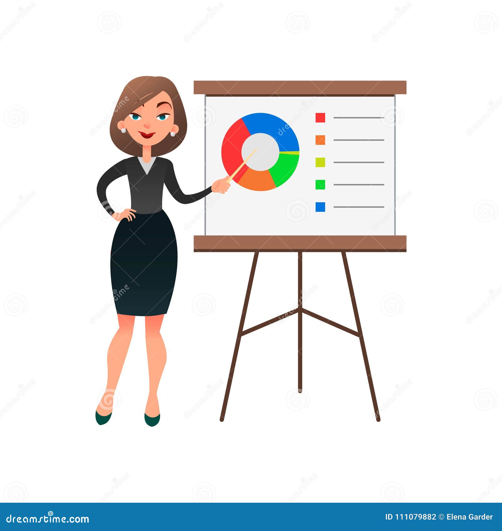 funny cartoon woman manager presenting whiteboard about financial growth. young businesswoman making presentation and