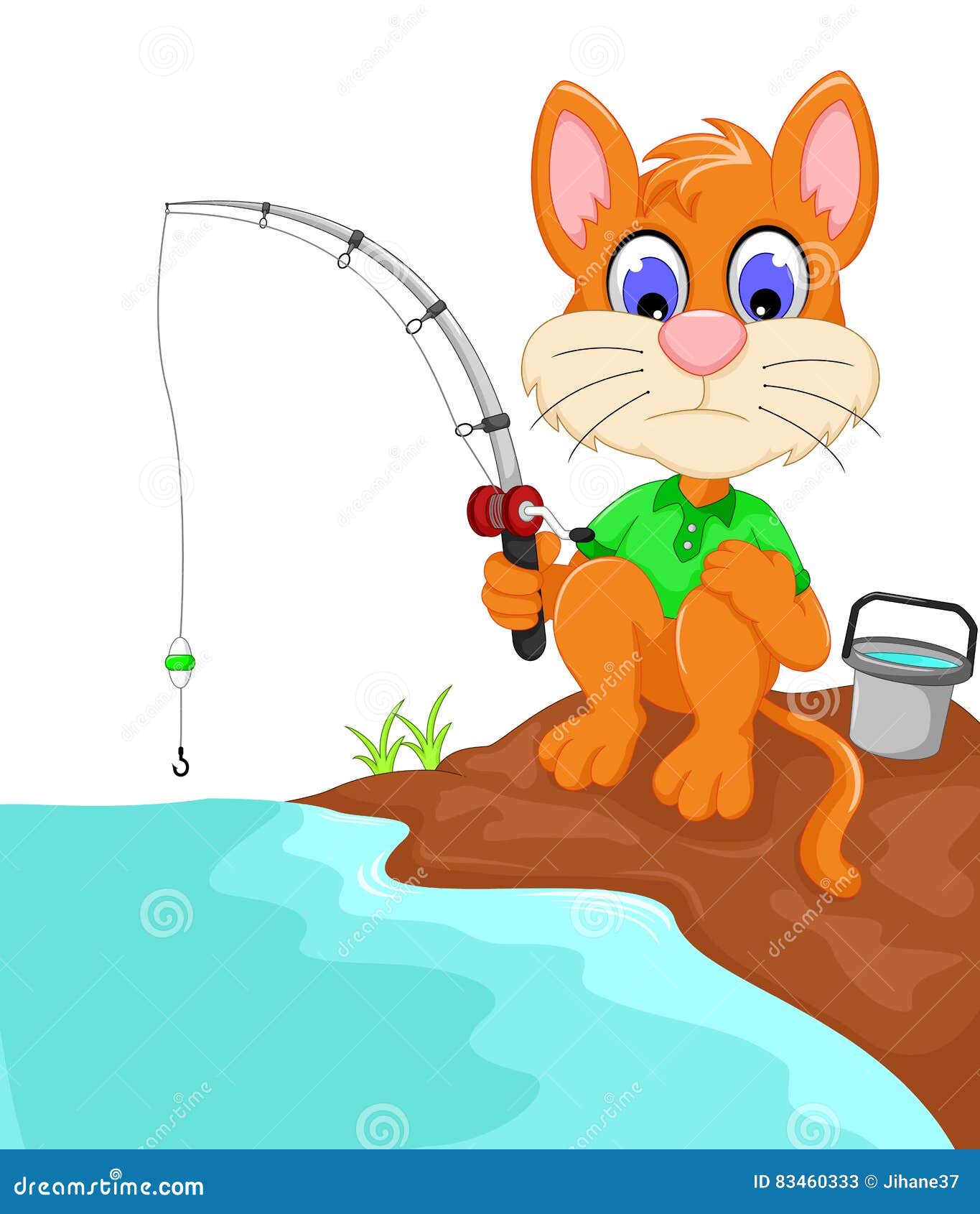 Funny Cat Cartoon Fishing in the River Stock Illustration