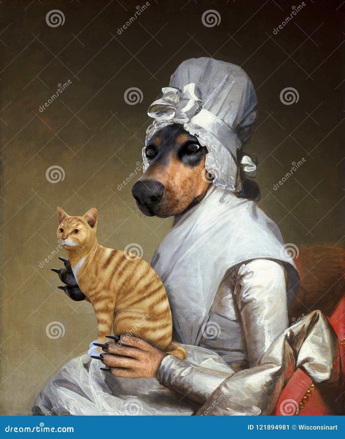 funny cat, dog, surreal oil painting