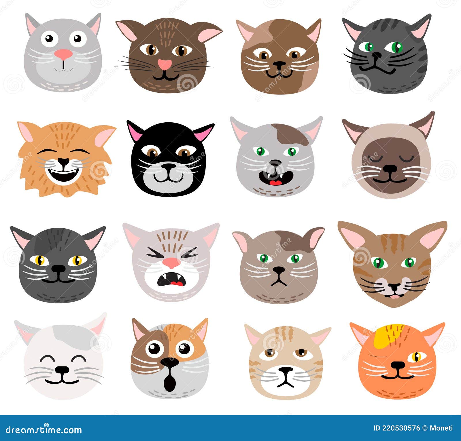 Vector Set Of Different Cartoon Cats Faces. Cartoon Animals Head