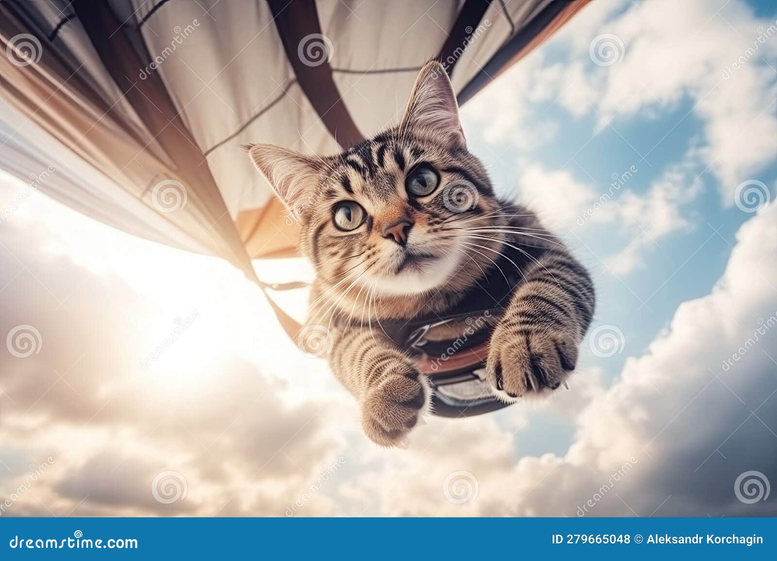 Funny Cat is Flying on a Parachute in Sky. Generative AI Stock Photo