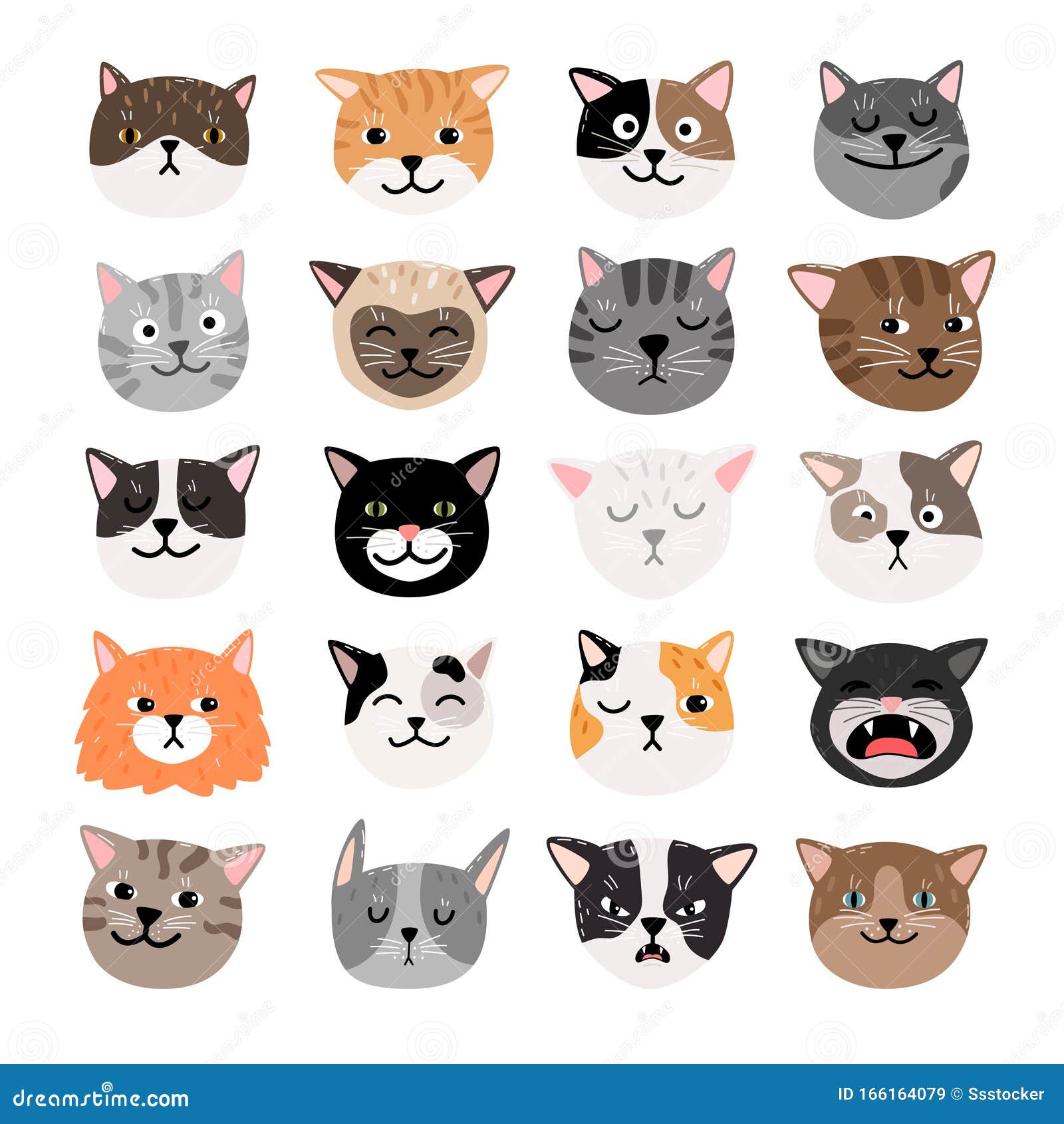 Cats heads. Cute funny domestic animals colored heads happy faces  expressive emotions vector set. Cat animal, pet funny set face illustration  #2823925