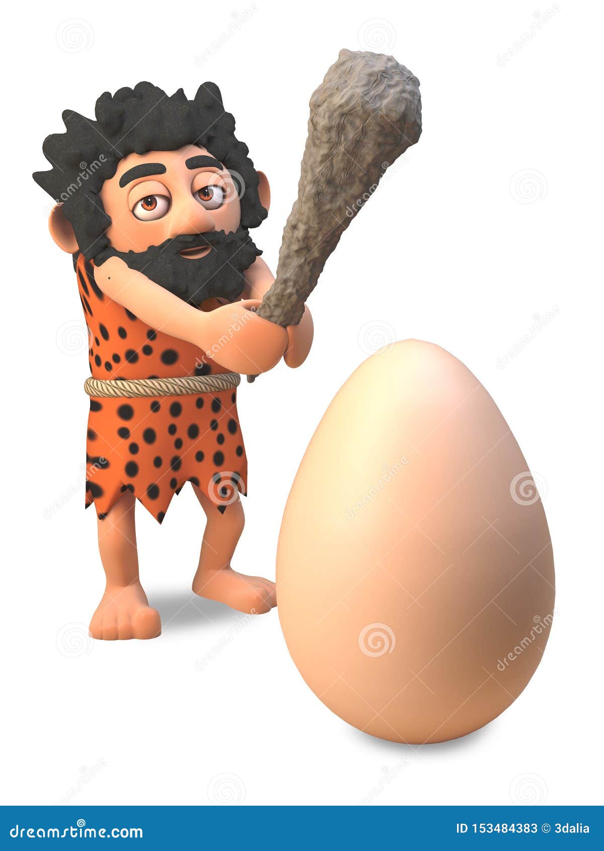 funny caveman in 3d wearing an animal pelt and swinging his club to crack a dinosaur egg, 3d 