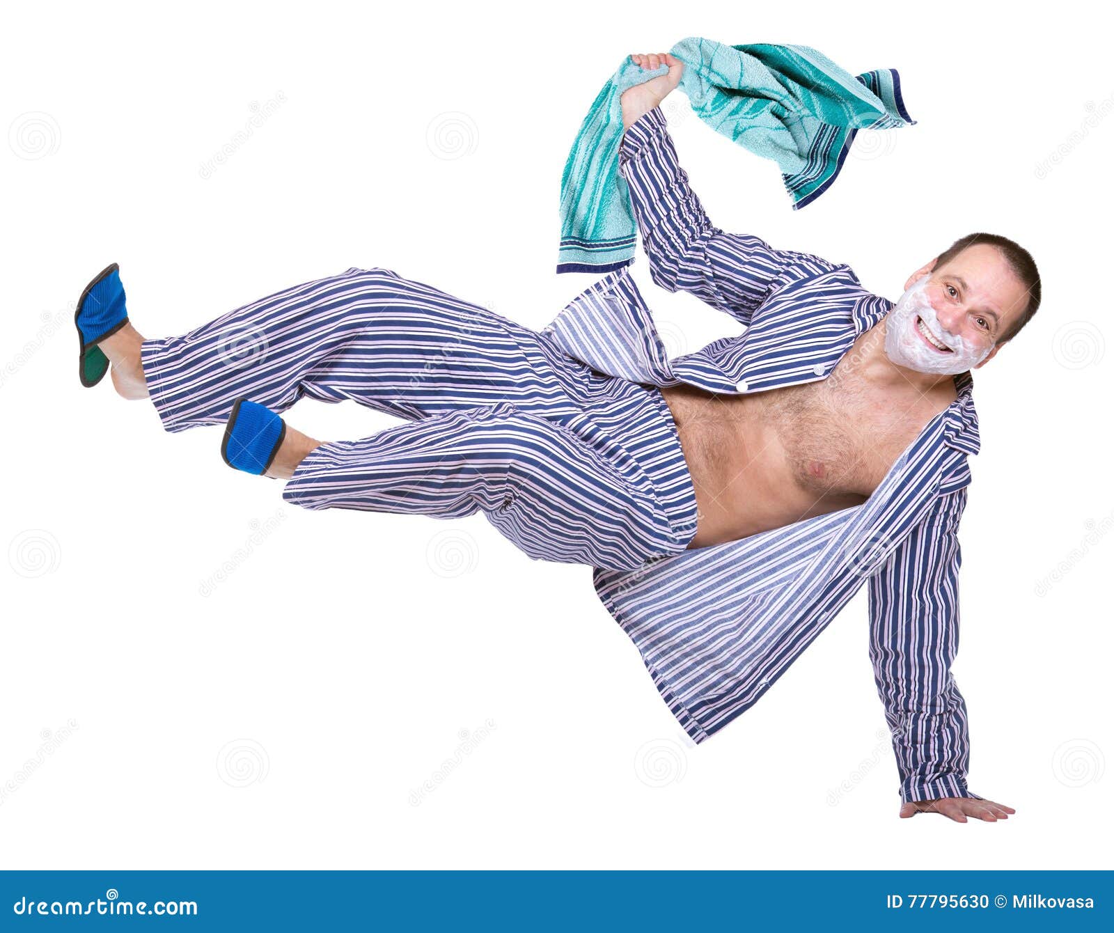 Funny Cheerful Man in Pajamas Stock Photo - Image of jumping, agent ...