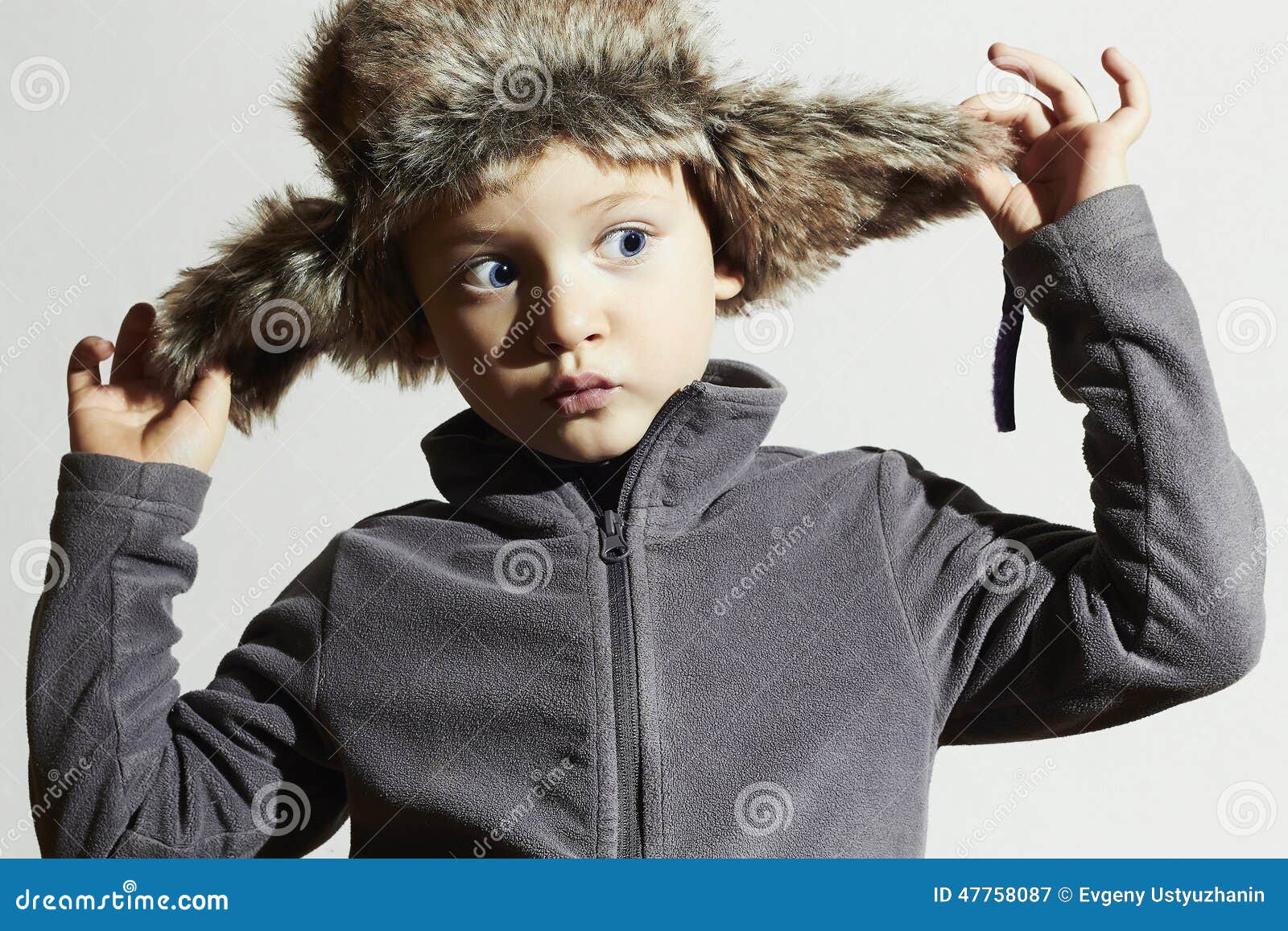 Funny Child in Fur Hat.Kids Fashion Casual Winter Style.little Boy ...