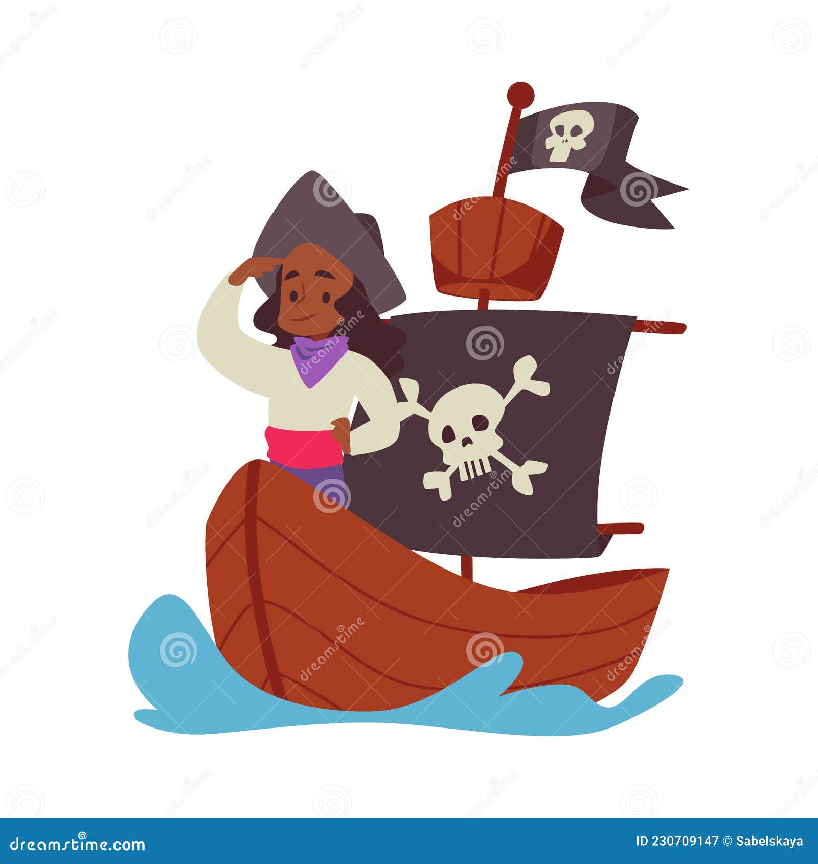Funny Child Girl Captain of Pirate Ship Flat Vector Illustration ...