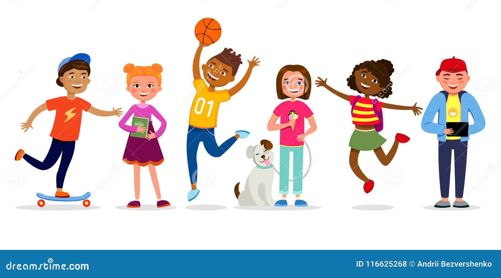 Funny Children Cartoon Characters Vector Illustration in Flat Design. Girls  and Boys Doing Activities, Walking, Jumping Stock Vector - Illustration of  basketball, leisure: 116625268