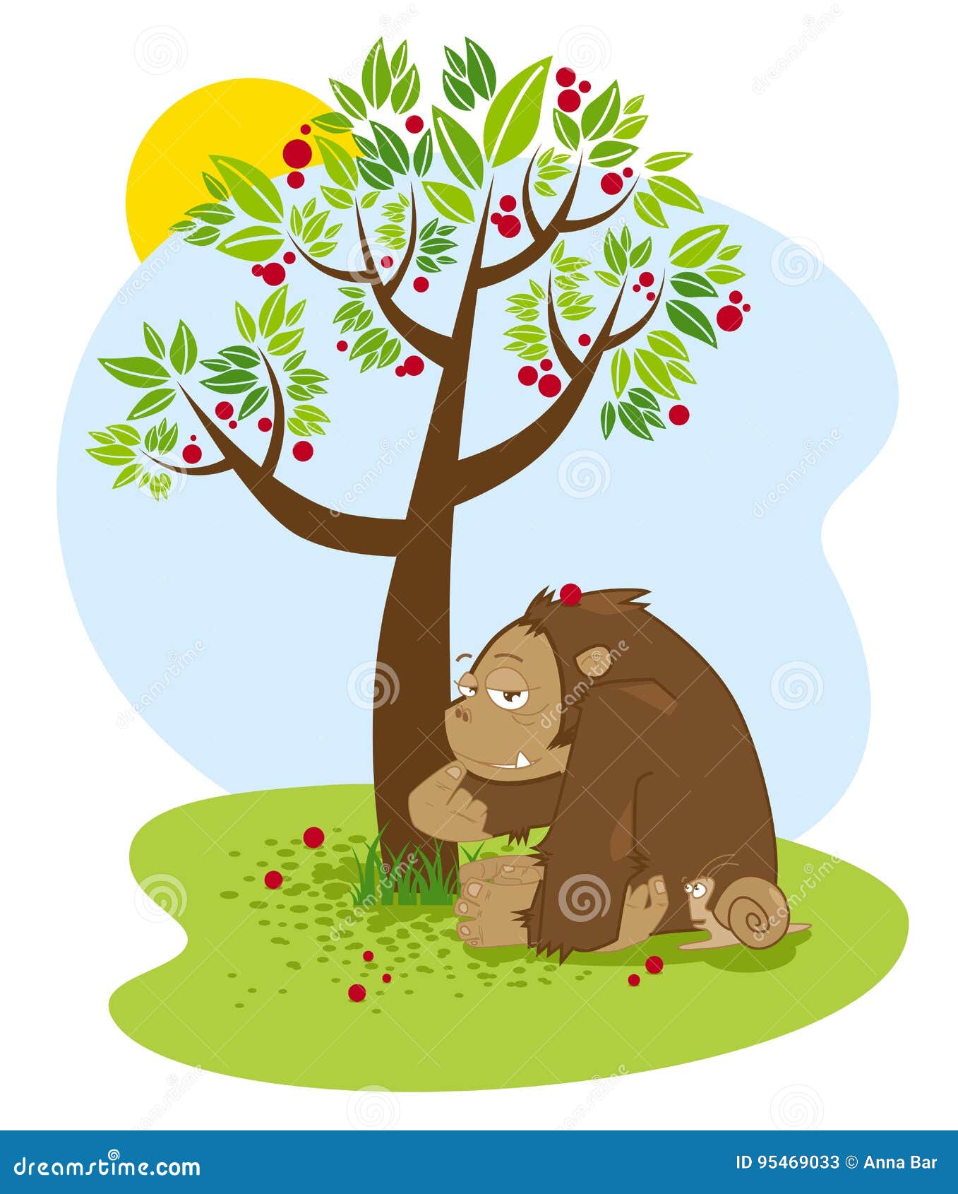 funny chimpanzee and the little snail sitting under the tree with red fruits falling.  