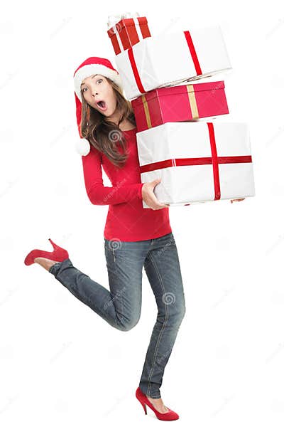 Funny Christmas Woman in Hurry Running with Gifts Stock Photo - Image ...