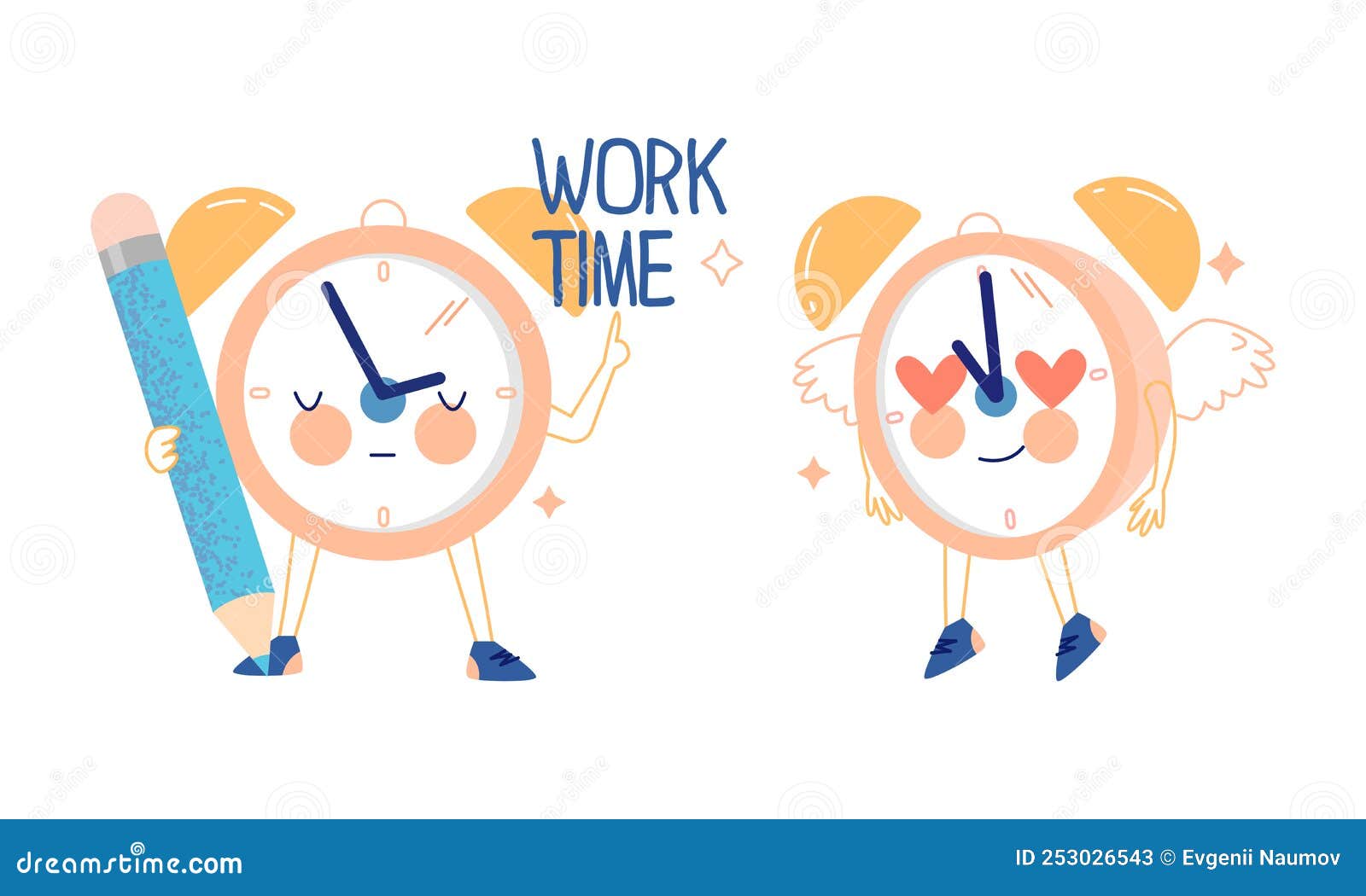 Funny Clock Character with Pencil Working and Fluttering Feeling Love