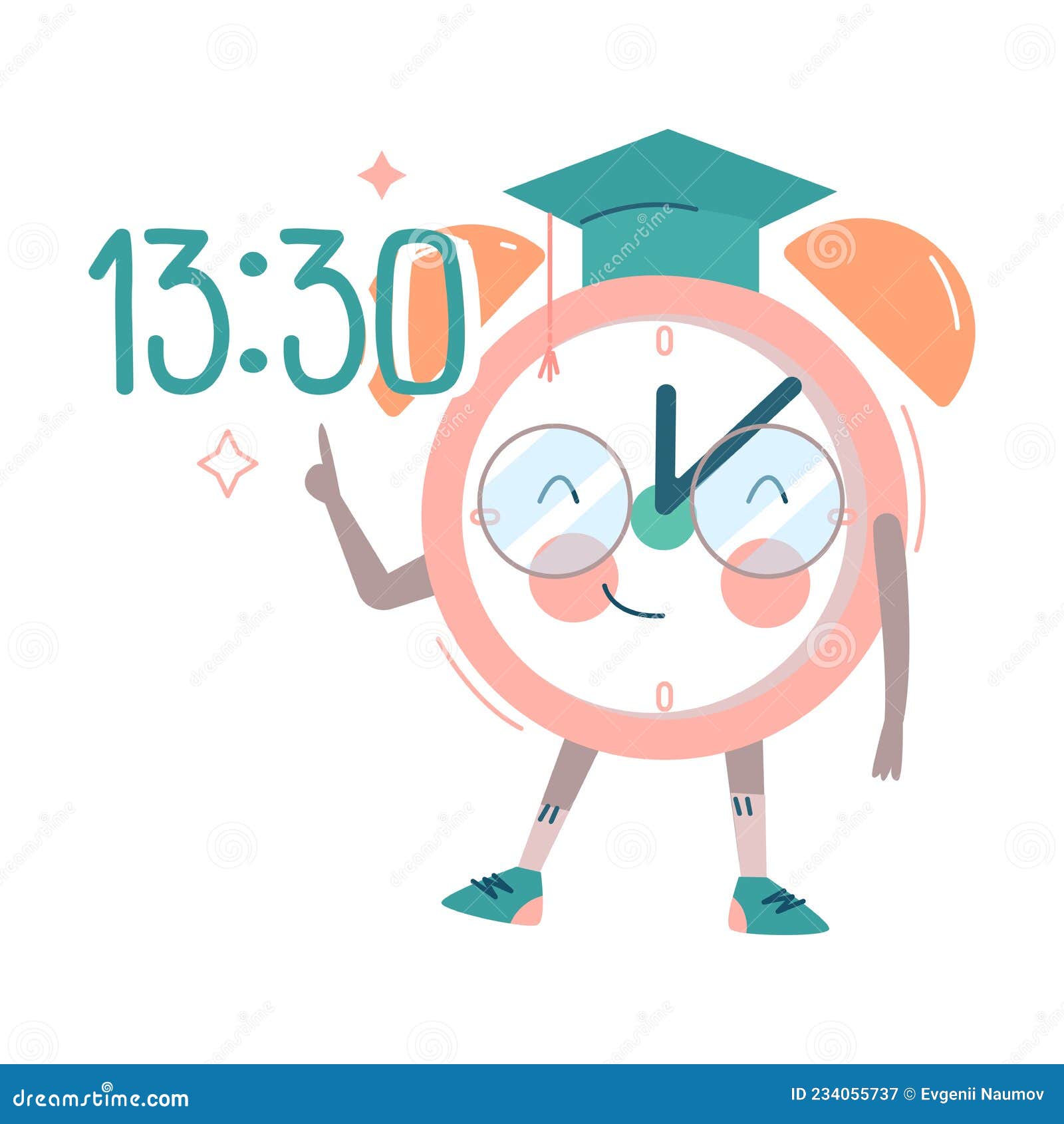 Funny Clock Character with Smiling Face in Graduation Hat Pointing at