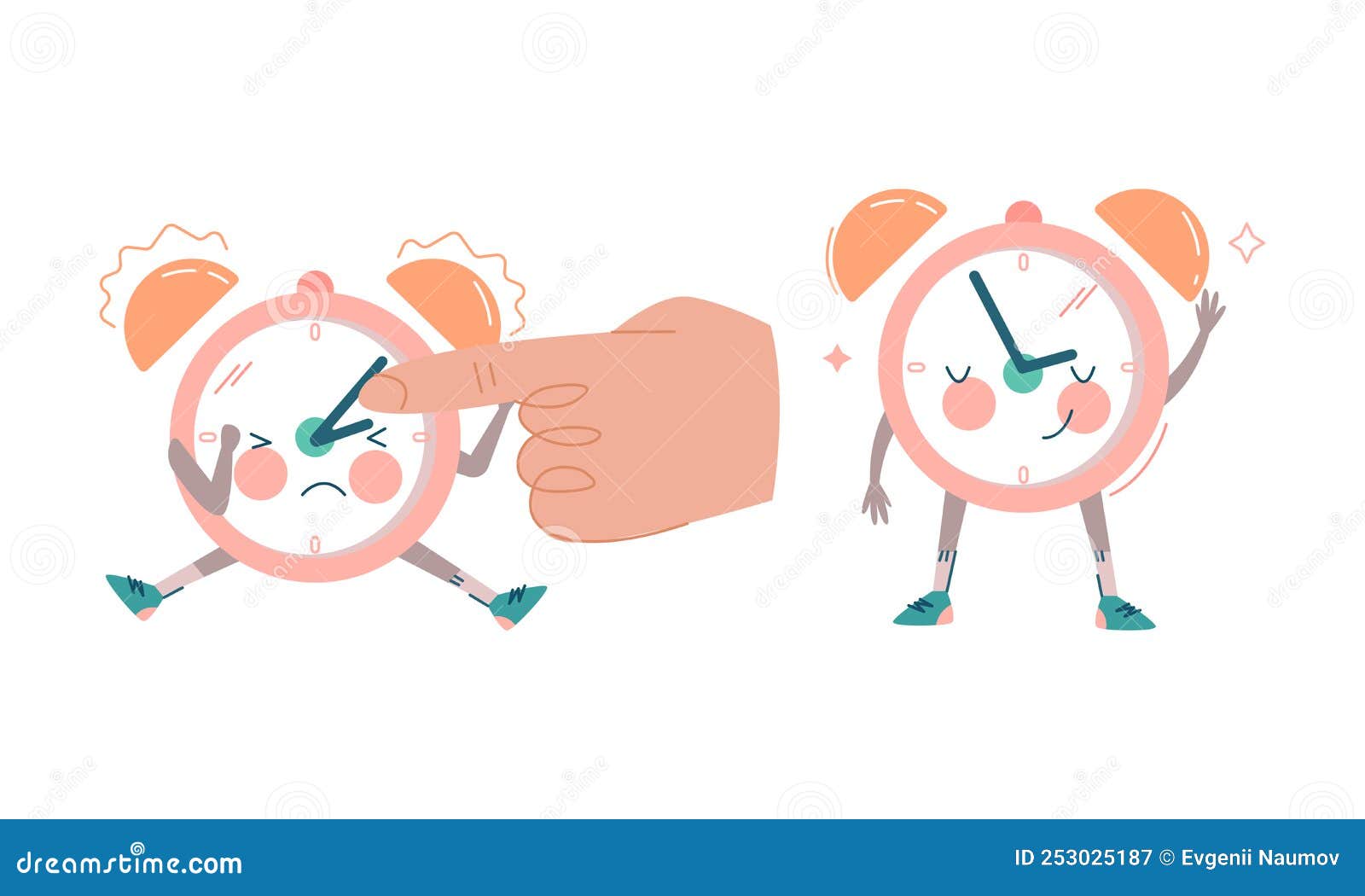 Funny Clock Character Waving Hand and Smiling and Ringing Vector Set