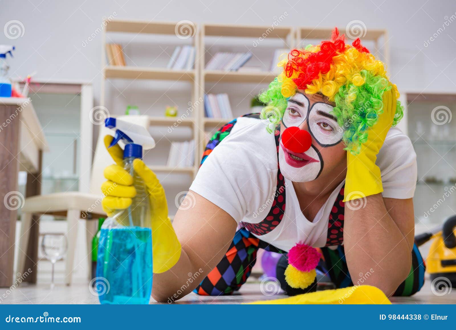 The Funny Clown Doing Cleaning at Home Stock Photo Image of comedy