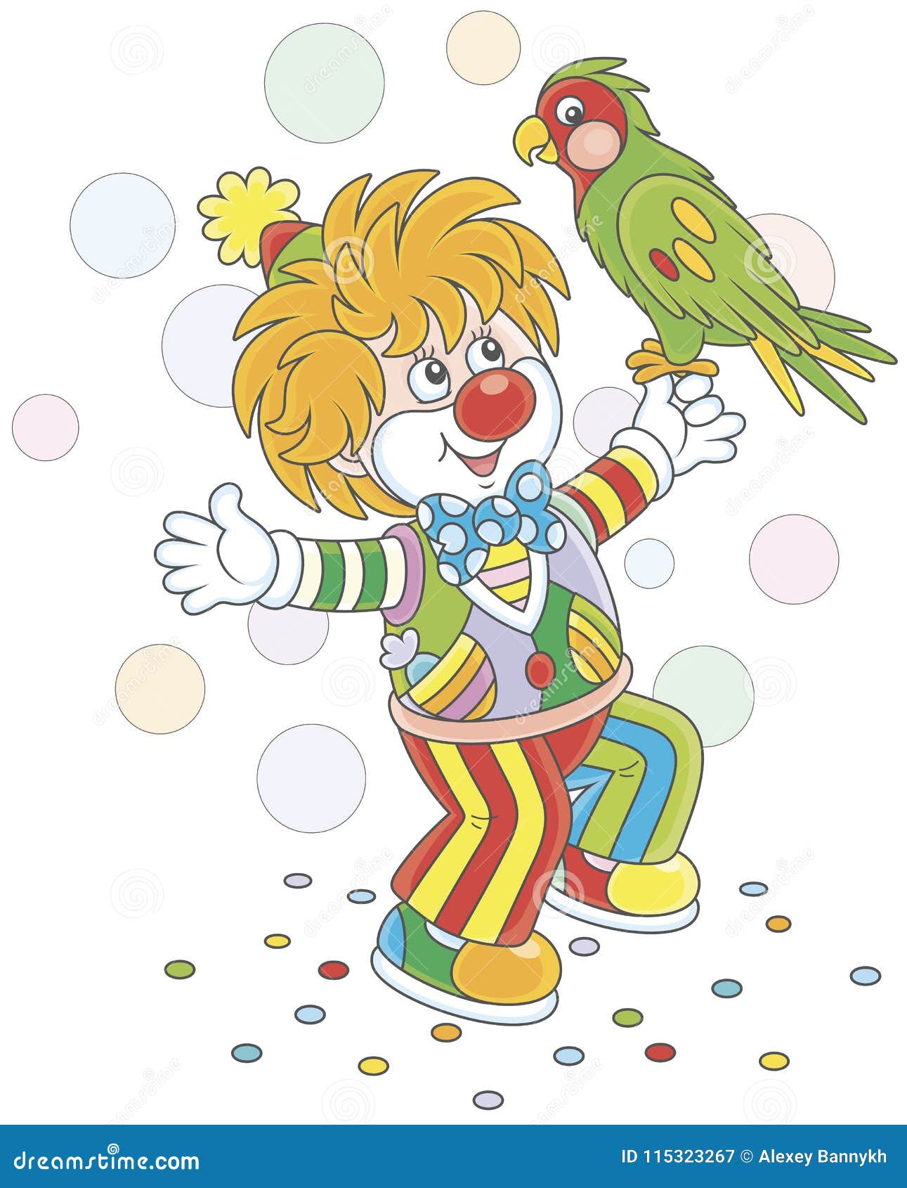 funny clown playing with a colorful parrot